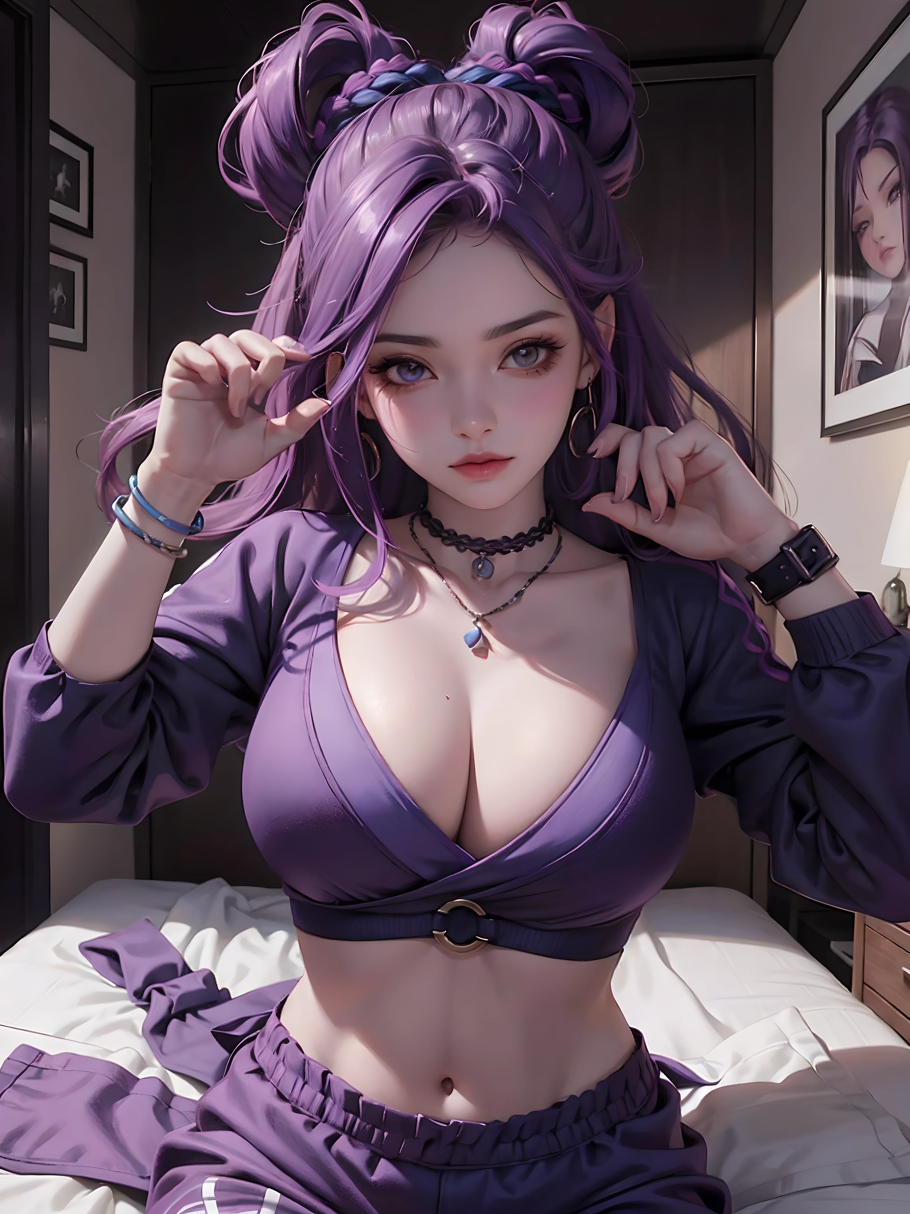 hiper-realista, high res 8k, uma mulher sedutora, olhos azuis extremamente detalhados, Purple Hair, rosto bonito, dedos com texturas realistas, yoga, seios muito grandes, quadril grande, "oppai", melhor qualidade, apartment scenario.