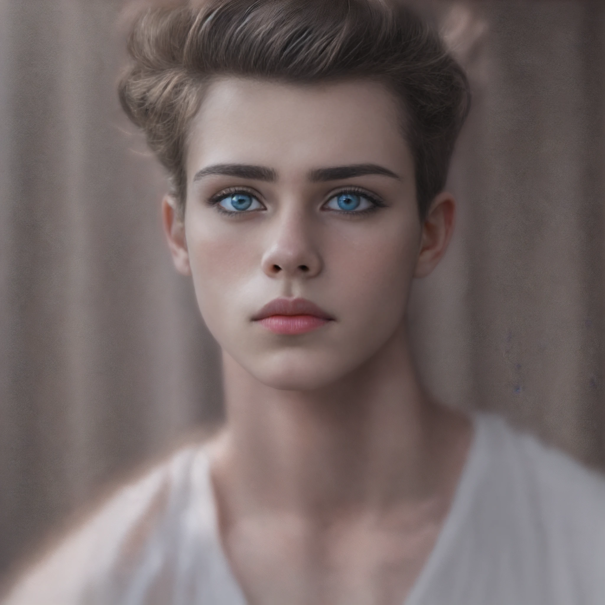 A 22-year-old looks at the camera with a piercing and intense gaze. Seus cabelos negros, perfeitamente penteados, caem suavemente sobre sua testa. His pale skin is flawless, com uma suave luminosidade natural. A luz suavemente esculpe os contornos do seu rosto, highlighting his delicate features. Seus olhos, de um tom profundo e penetrante, convey an intriguing blend of mystery and serenity. Em seu rosto, small imperfections become visible, como sardas sutis e uma leve sombra de barba. Every detail of your expression is accurately captured, from the tiny frown lines to the delicate eyelashes that frame her eyes. The background of the image is simple and neutral, allowing all attention to be directed to the main character. This ultra-realistic image captures the captivating and intriguing essence of this 22-year-old.