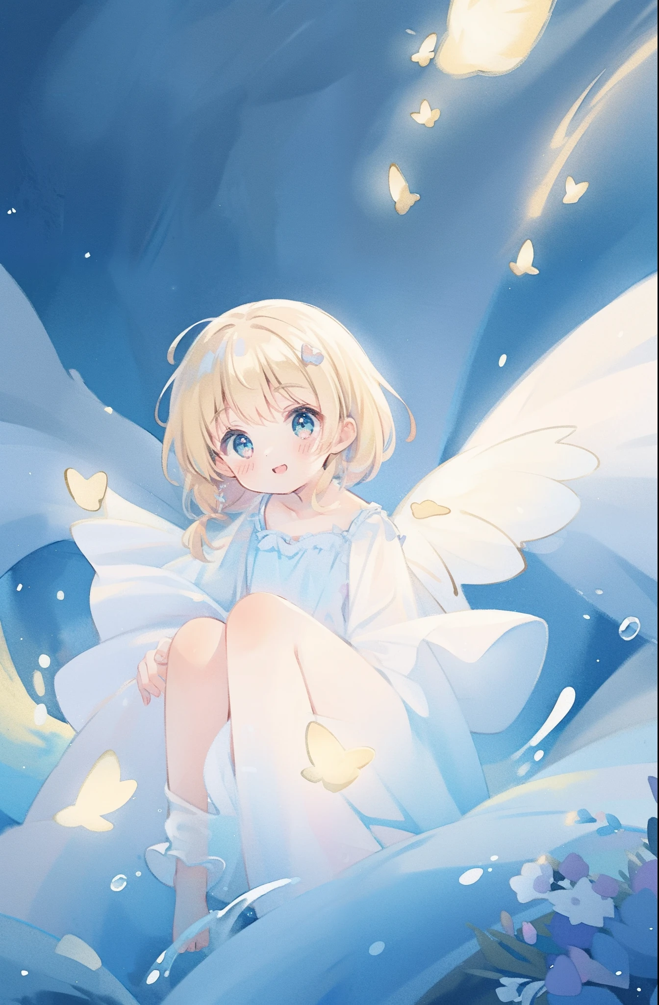 masterpiece, best quality, sharp focus, 8k, intricately detailed environment, anime, watercolor illustration, colorful, bright colors, whimsical, glowing lights, liquid otherworldly, fairy lights, beautiful girl in flowing liquid glowing dress, perfect face, golden ratio, sparkling eyes, watercolor, liquid light, angel wings