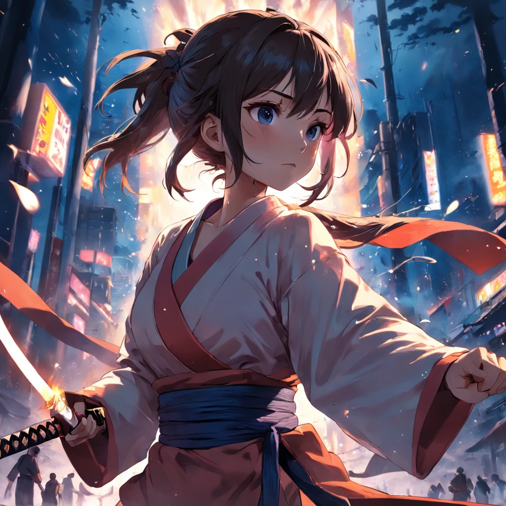 a girl is pulling out a katana