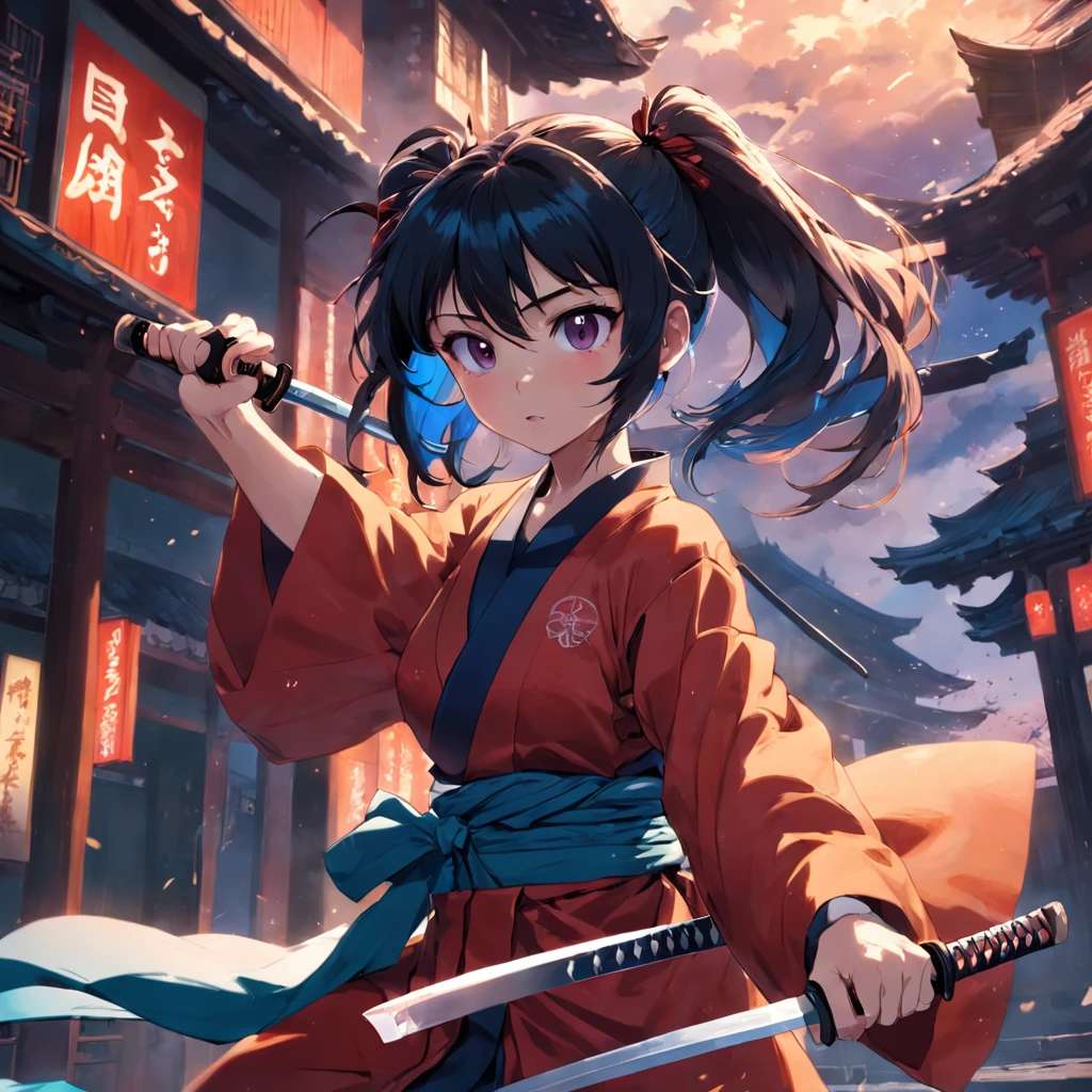 a girl is pulling out a katana