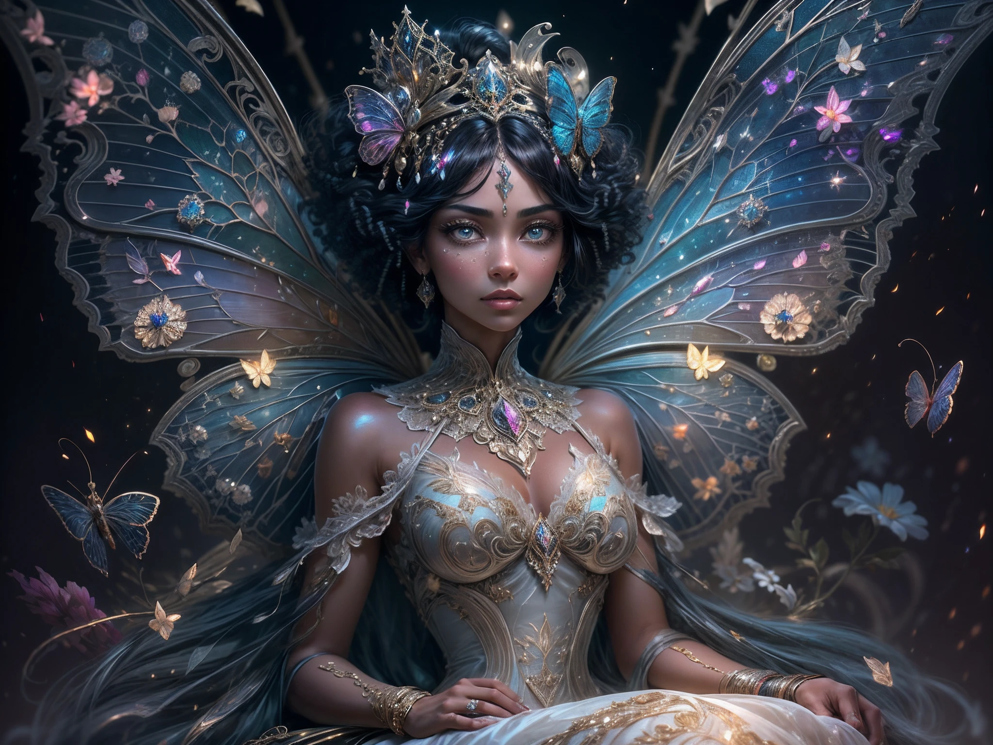 This is a realistic fantasy masterpiece with lots of shimmer, glitter, and intricate ornate detail. Generate one petite woman with a beautiful and delicate crown sitting on a garden swing at night. She is a beautiful and seductive butterfly queen with stunning curly black hair, (((incredibly realistic and detailed dynamic eyes in bright colors with realistic shading))). Her skin is translucent white, her eyes sparkle, and her dress is elegant. Her dress is spun of the finest gossamer silk with delicate, intricate, and subtle floral detailing and gold silk butterfly sleeves. Her face is lovely and lonely. Include glow-in-the-dark flowers, lots of particles, highly realistic fantasy butteflies with translucent jewel-toned wings and fine detailing, and glow. The artwork is done in the style of Guviz and brings to mind masters in the genre such as trending fantasy works on Artstation and Midjourney. Camera: Utilize dynamic composition techniques to emphasize etherealness and delicate detail.
