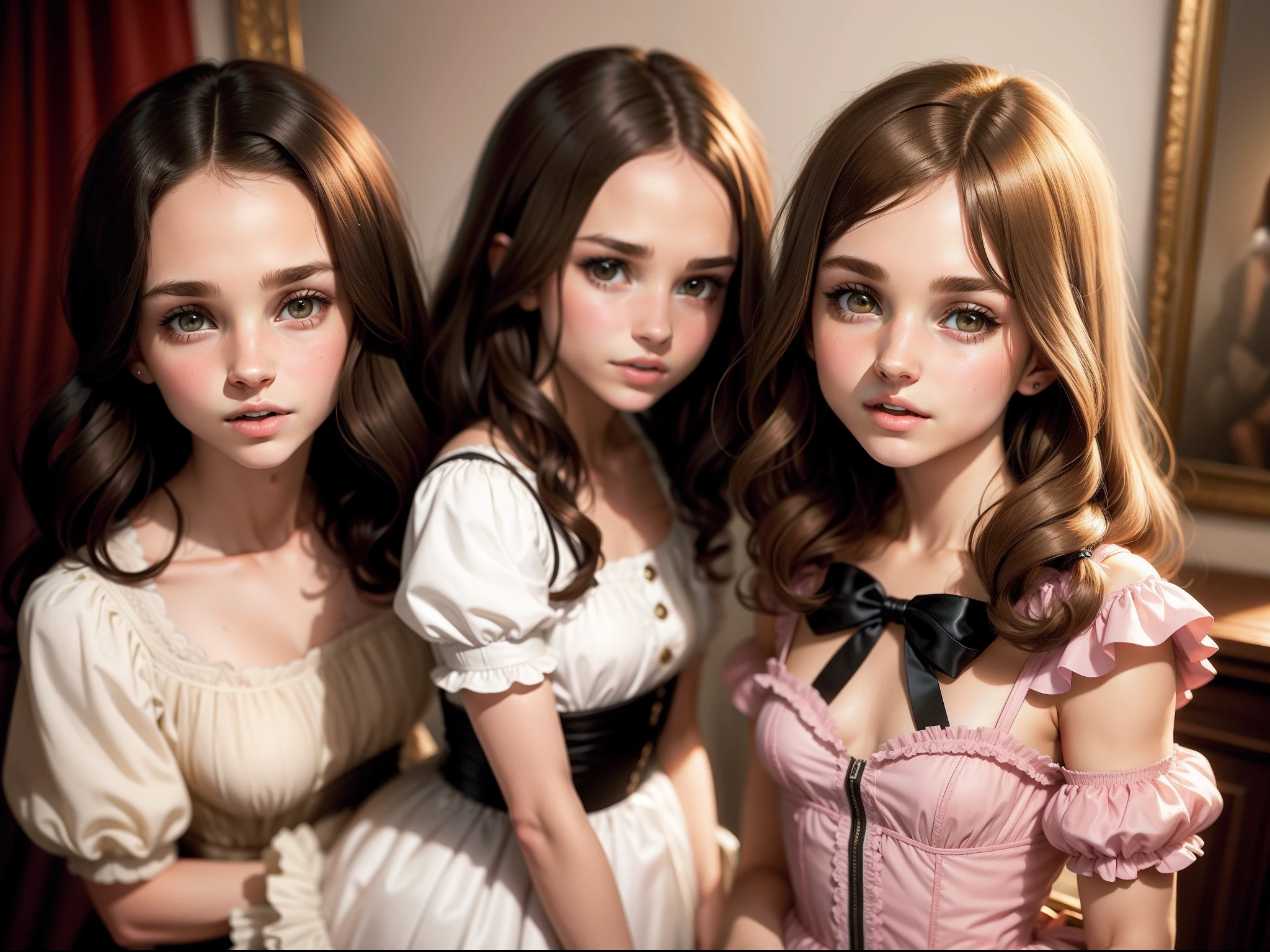 tween Natalie Portman with brunette hair and super bob hairstyle, and tween Emma Watson with long brunette hair, dressed as maids