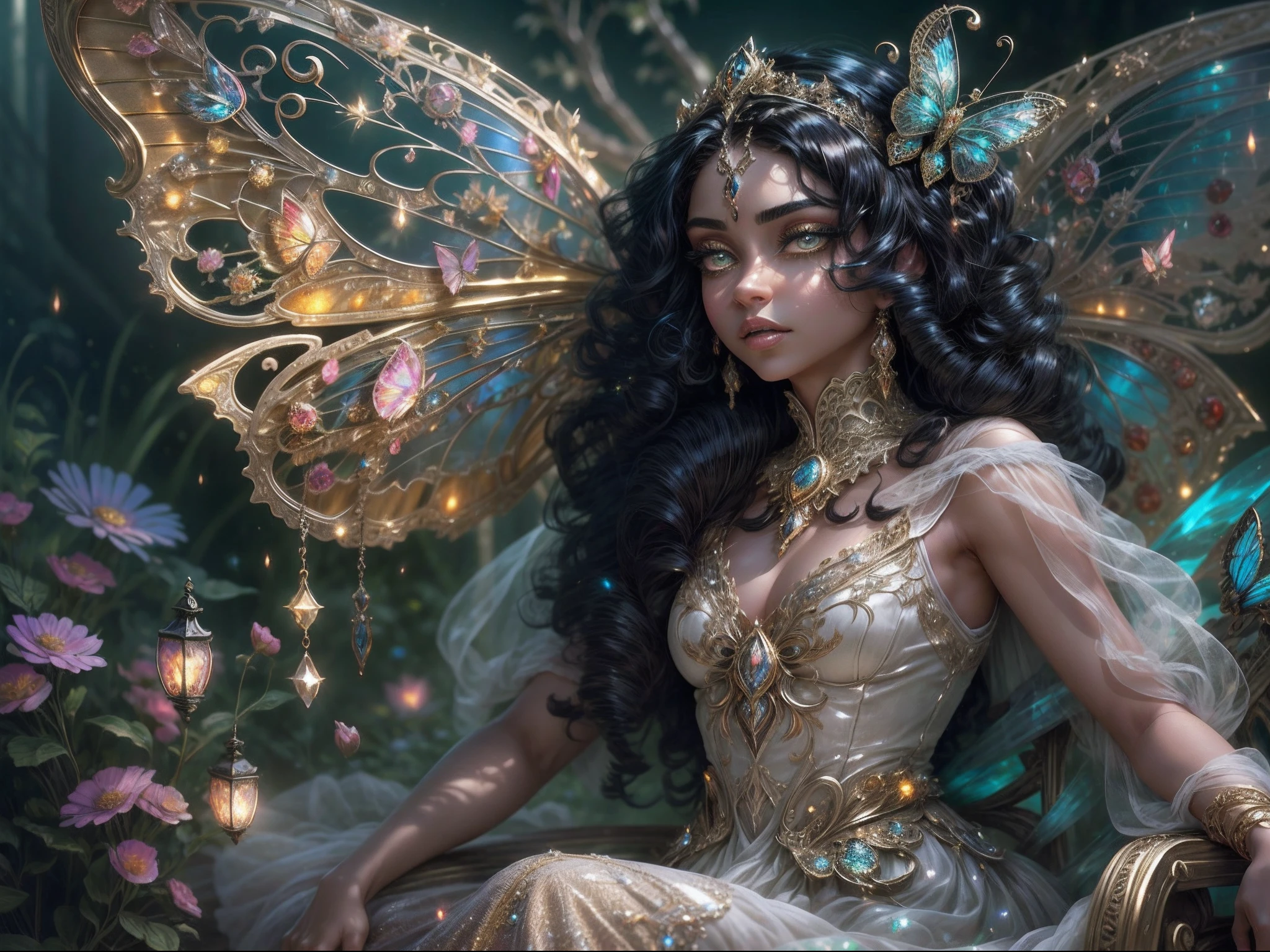This is a realistic fantasy masterpiece with lots of shimmer, glitter, and intricate ornate detail. Generate one petite woman with a beautiful and delicate crown sitting on a garden swing at night. She is a beautiful and seductive butterfly queen with stunning curly black hair, (((incredibly ((realistic and detailed dynamic eyes)) in (((bright colors))) with realistic shading))). Her skin is translucent white, her eyes sparkle, and her dress is elegant. Her dress is spun of the finest gossamer silk with delicate, intricate, and subtle floral detailing and gold silk butterfly sleeves. Her face is lovely and lonely. Include glow-in-the-dark flowers, lots of particles, highly realistic fantasy butteflies with translucent jewel-toned wings and fine detailing, and glow. The artwork is done in the style of Guviz and brings to mind masters in the genre such as trending fantasy works on Artstation and Midjourney. Camera: Utilize dynamic composition techniques to emphasize etherealness and delicate detail.