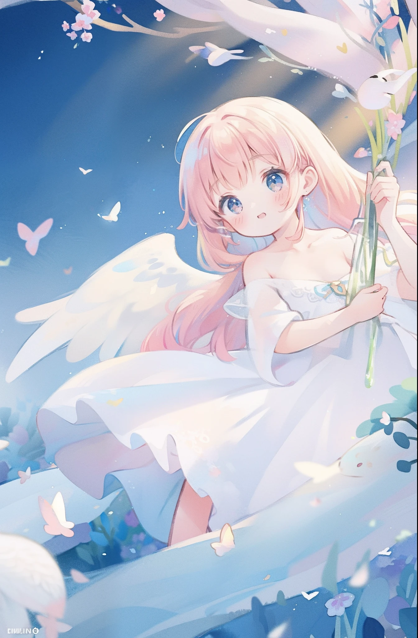 masterpiece, best quality, sharp focus, 8k, intricately detailed environment, anime, watercolor illustration, colorful, bright colors, whimsical, glowing lights, liquid otherworldly, fairy lights, beautiful girl in flowing liquid glowing dress, perfect face, golden ratio, sparkling eyes, watercolor, liquid light, angel wings