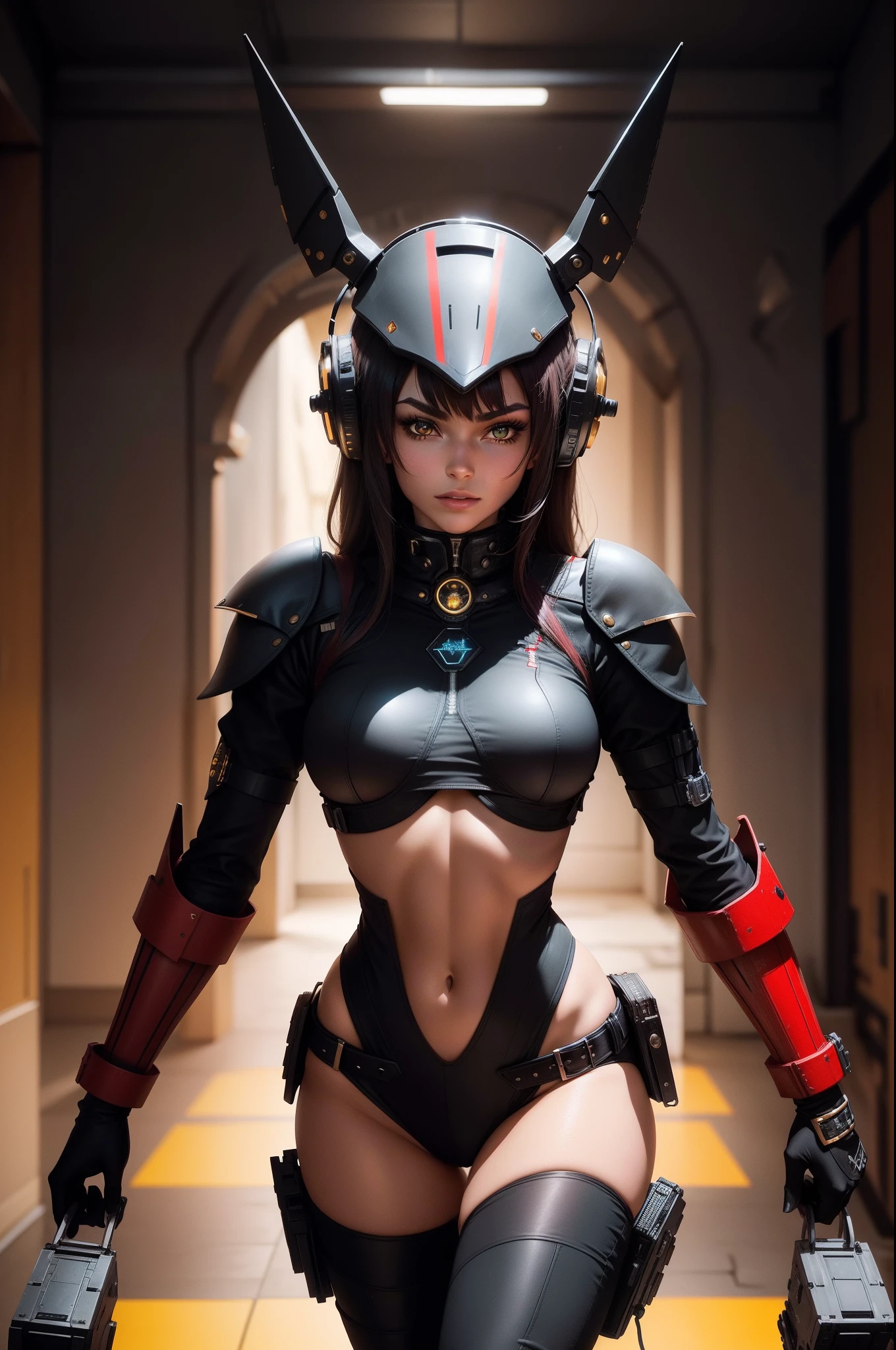 hight resolution , Viele Details, Digitale Kunst , Auf der Vorderseite ein schwarz-goldener Anthro Anubian Cyborg Schakal Acrador Mindmachine mit einem SciFi-Blaster und roten Augen , Hintergrund : Neonlighs und Scifi Hanger mit Raumschiffen , in der Ferne stehen einige schwarz-rote Anthro-Anthro-Schakalsoldaten , Red banners on the walls