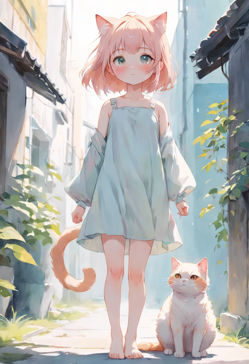 cat, fullbody,1 girl,
(pastel color:1.5),(cute illustration:1.5),(watercolor:1.2),white back ground,