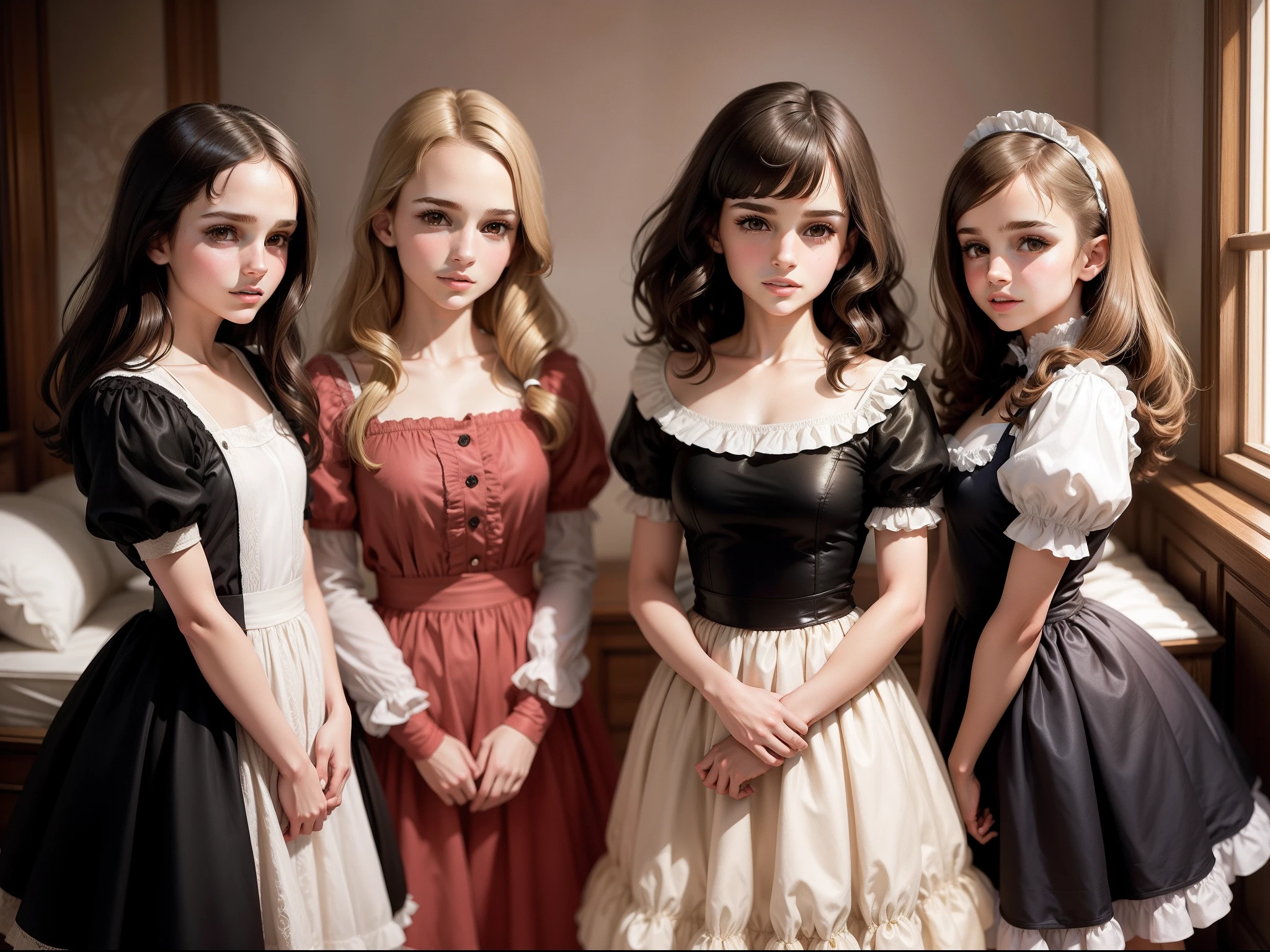 five human sized dolls looking like eighteen year old girls, lined up, on display against a bookcase full of books, in a mansion, cleavage, short skirts, wearing doll clothing, wearing doll makeup, fine details, realistic noses, beautiful eyes, realistic faces, blank expressions, looking straight ahead, blonde hair, brown hair, black hair, red hair