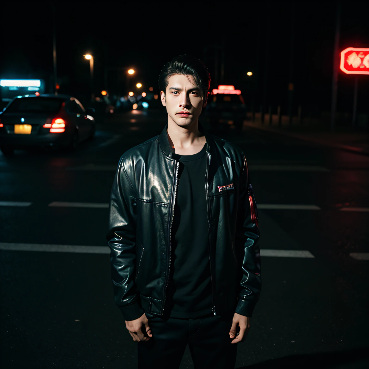 RAW PHOTO, Man with 25 years in a jacket, night scene, trapper, artist, music video neon lights, cinematic,body and head straight in the photo, no beard, DSRL, black hair, short hair, Brazilian, eyes fixed to the lens, hero pose, man centered in the photo, standing next a one car, blue Nissan 350z 8k, drift car, best quality, masterpiece, realistic, realistic photo, movie photo, ultra realistic, 1 person, detailed, Perfect lighting, DSRL, professional photo, 4k