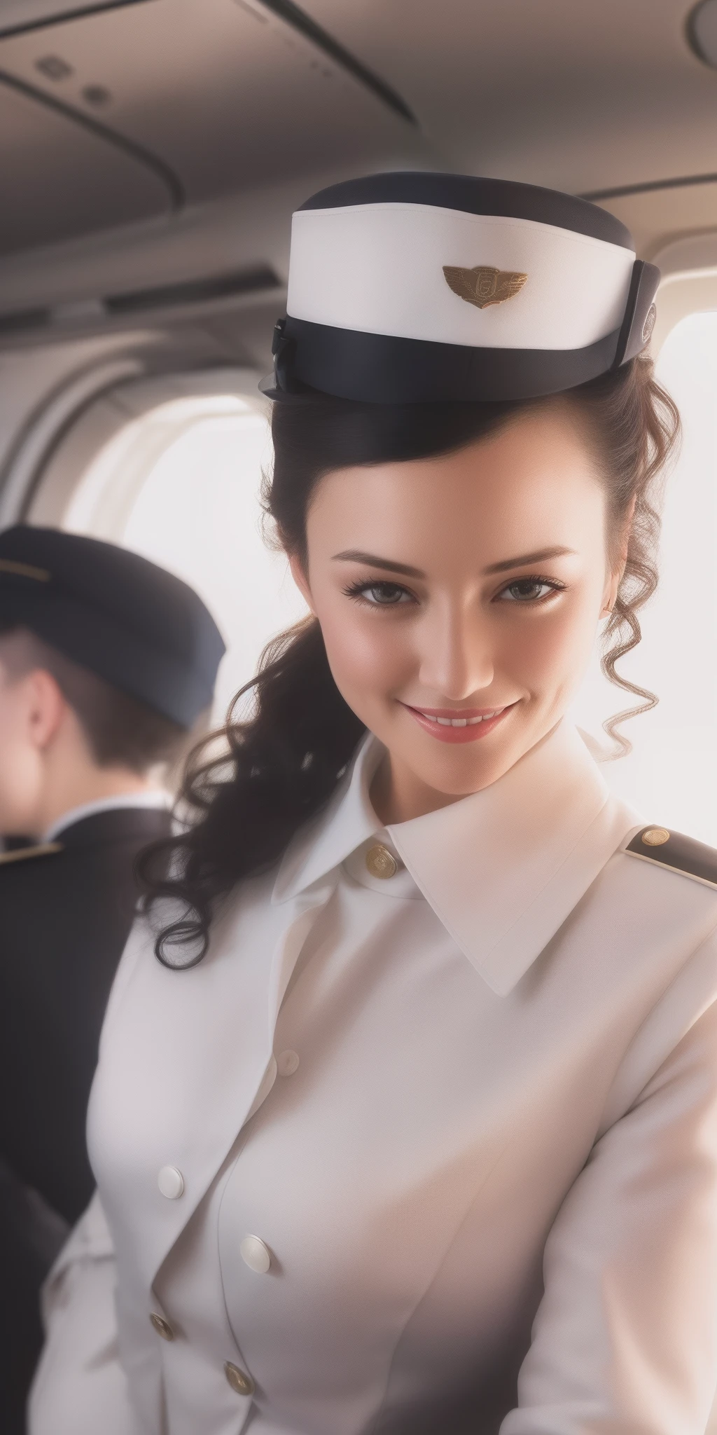 (White uniform erotic flight attendants), looks at the viewer, Smiling, Clividge, stocklings, is happy, curly black short hair, standingn, Inside the aircraft,