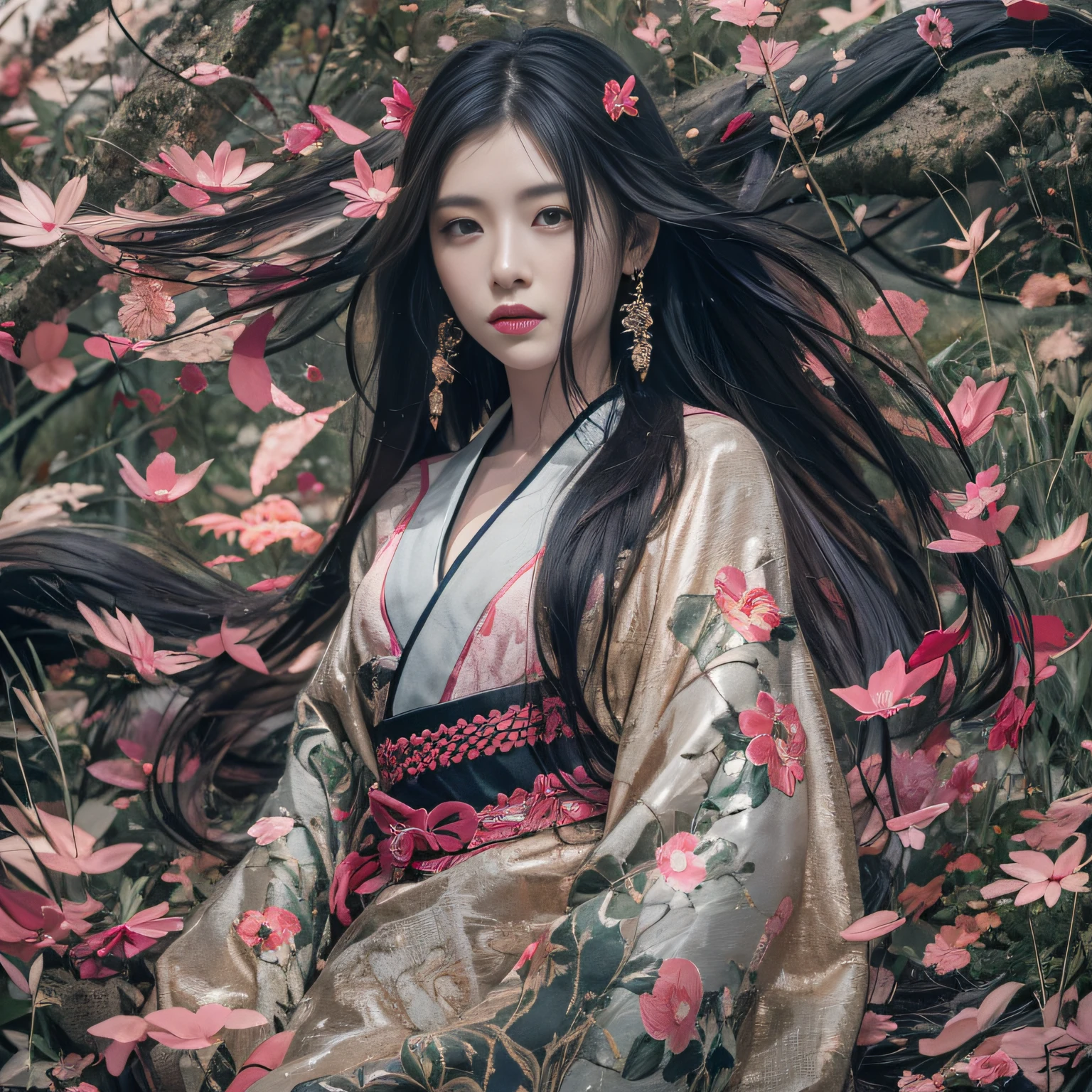 32K(tmasterpiece,k hd,hyper HD,32K)Long flowing black hair,ponds,zydink, a color, Asian people (Silly girl), (Silk scarf), Combat posture, looking at the ground, long whitr hair, Floating hair, Carp pattern headdress, Chinese long-sleeved clothing, (abstract ink splash:1.2), Pink petal background,Pink and white lotus flowers fly(realisticlying:1.4),Black color hair,Fallen leaves flutter,The background is pure, A high resolution, the detail, RAW photogr, Sharp Re, Nikon D850 Film Stock Photo by Jefferies Lee 4 Kodak Portra 400 Camera F1.6 shots, Rich colors, ultra-realistic vivid textures, Dramatic lighting, Unreal Engine Art Station Trend, cinestir 800,Long flowing black hair