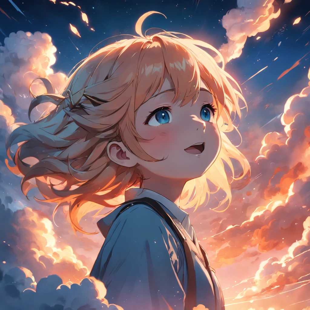 masterpiece, best quality, movie still, 1girl, cloud girl, floating in the sky, close-up, bright, happy, warm soft lighting, sunset, (sparks:0.7)