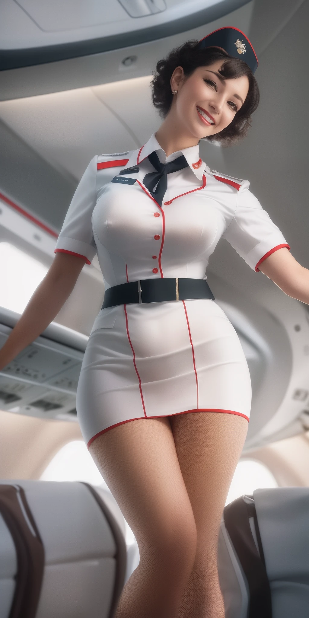 (White uniform of erotic flight attendants), looks at the viewer, Smiling, Clividge, stocklings, Huge neckline, You can see the chest, is happy, curly black short hair, standingn, Inside the aircraft,