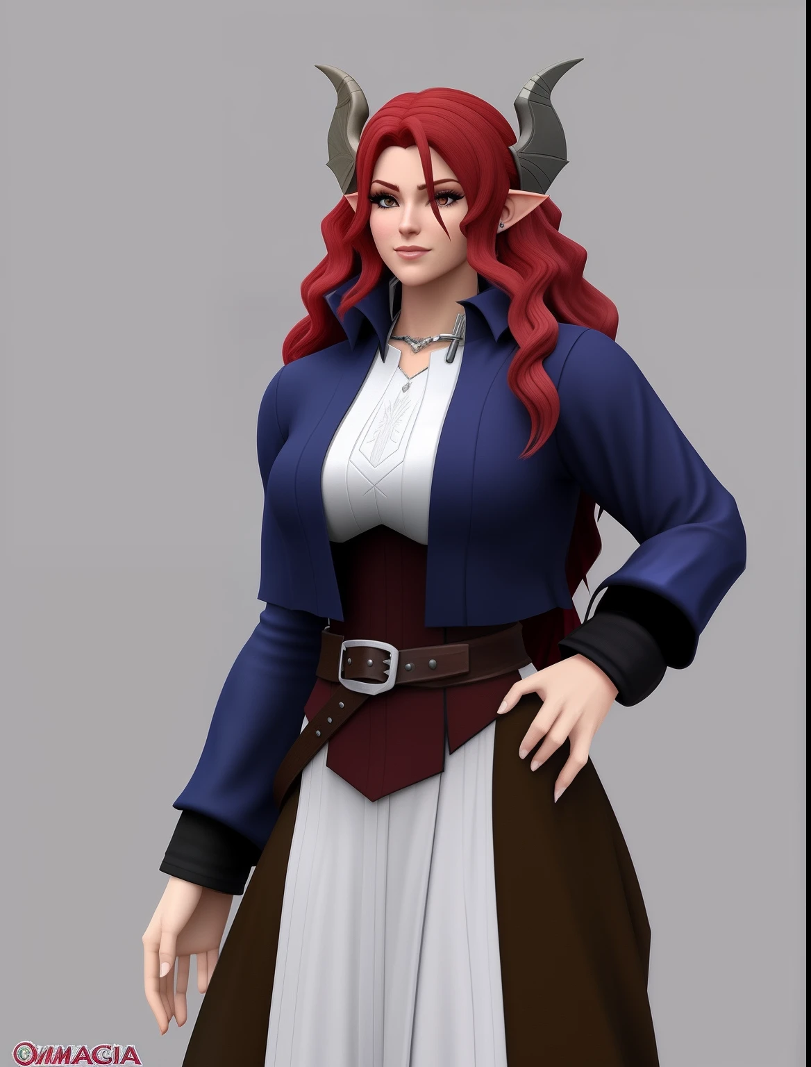 um close up de um personagem de desenho animado com um cabelo ruivo, render de mirabel madrigal, poderosa feiticeira rechonchuda, valkyrie style character, half-dragon woman, dragon horns, 2 d render, Fantasia, como um caractere d&d, Personagem de RPG, personagem feminina, Peitos grandes, Anime_style, personagem de fantasia hiperdetalhado