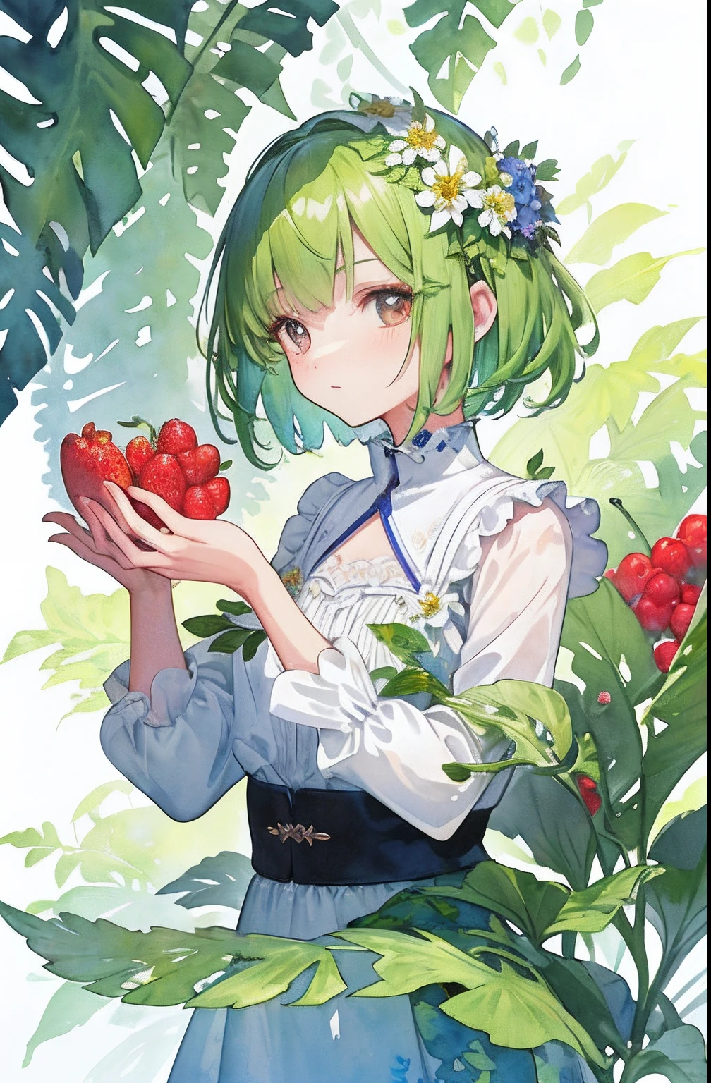 ((incredible detailed), #3b4195 background, Stunning flowers, juicy berries, Leafy fern, Bright leaves, Gentle watercolor pattern), (Impressive watercolor textures), ((1 girl), Adorable shorthair, Cute, hide one's hands)