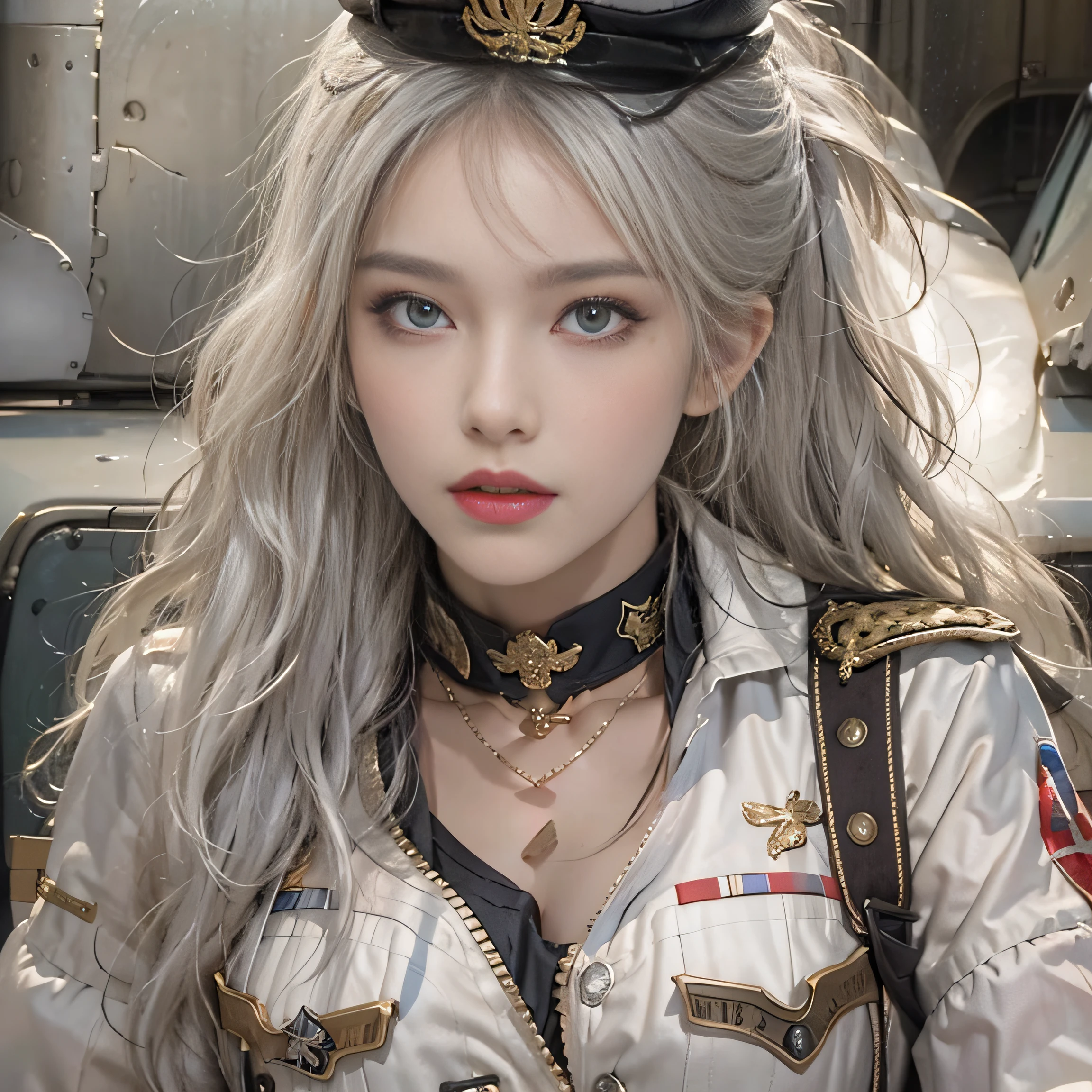 photorealistic, high resolution, 1women, solo, hips up, look at viewer, (detailed face), white hair, long hair, military uniform, jewelry