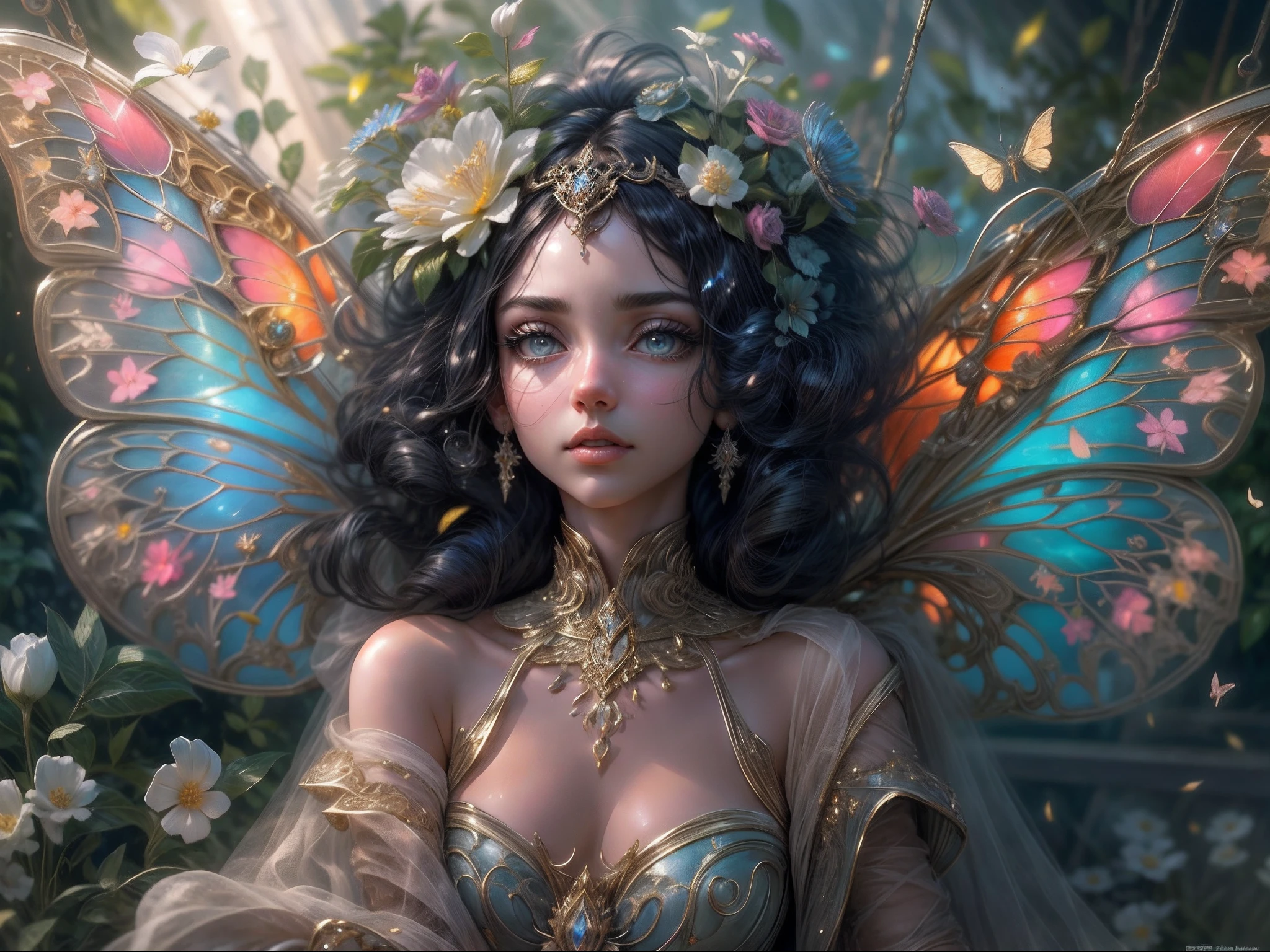 Redraw her eyes and make sure they are ultra realistic with intricate details and shading that make them shimmer. Both her eyes and her eyelashes should be perfect. Her eyes should be large and colorful and incredibly realistic. Her eyelashes should be realistic and delicate and well-formed. There should be no hair on her cheeks.