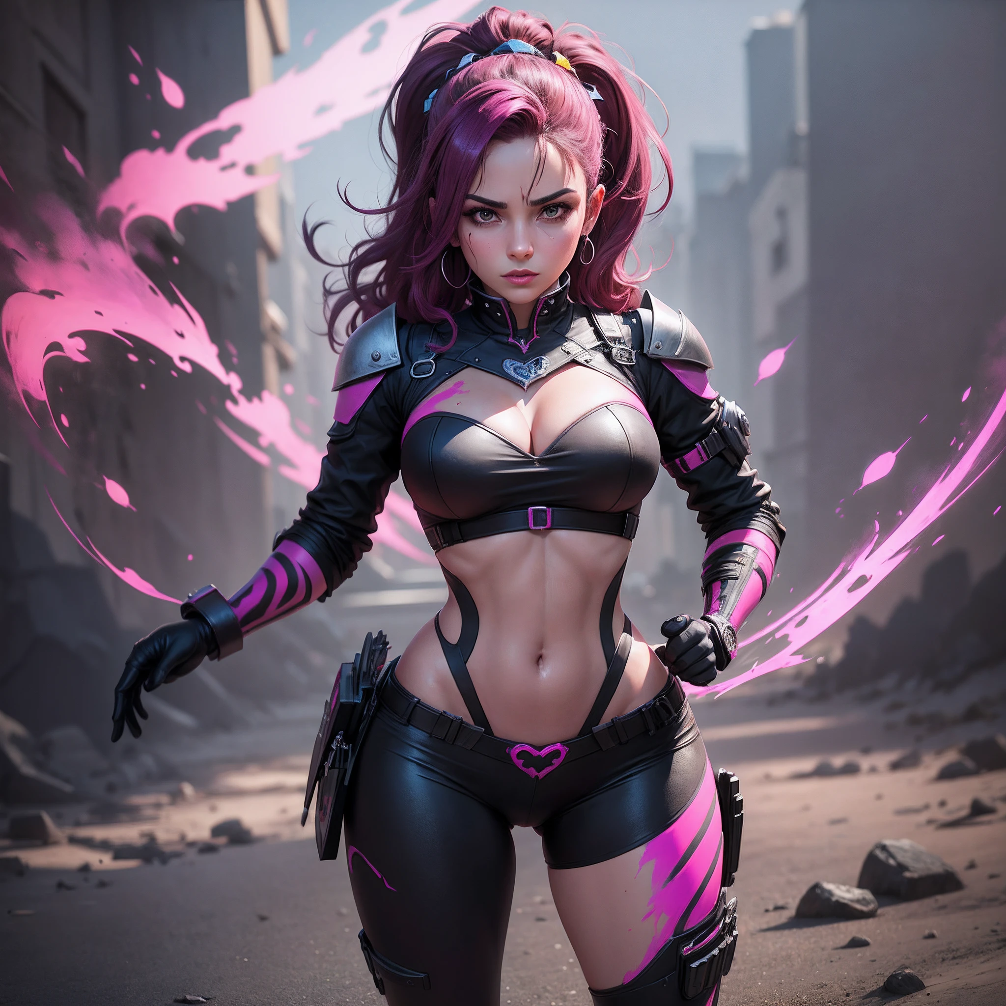 poderosa, Costeira, guache, foto de corpo inteiro, sketchfab, Alto contraste, GameArt, cores magenta rosa choque, Metalheart, Xray lighting, altamente detalhado, caothic, Colorido Preto, gotejamento de tinta, tiro longo,
