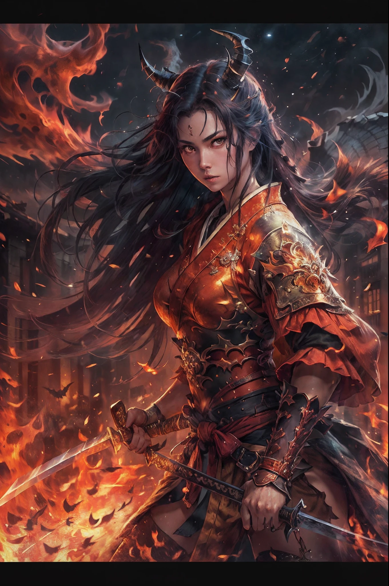 there is an illustration of a woman samurai fighting a red skinned demon in the streets at night. A Japanese woman samurai, a female warrior, ultra detailed face (best details, Masterpiece, best quality: 1.5), ultra feminine, exquisitely beautiful pale skin, long hair, black hair, dynamic eyes color, armed with a katana (best details, Masterpiece, best quality: 1.5), shinning sword (best details, Masterpiece, best quality: 1.3) wearing armor. BREAK a [demon] (best details, Masterpiece, best quality: 1.4), red skinned (best details, Masterpiece, best quality: 1.5), black eyes, black mane, bat wings (best details, Masterpiece, best quality: 1.5), horns, big horns, armed with a long blade covered in flames (best details, Masterpiece, best quality: 1.5), covered in red fire. medieval Japanese street (best details, Masterpiece, best quality: 1.4) background, night time, moon light, street lamp light, Ultra-Wide Angle, high detail, award winning, best quality, HD, 16K, high details, best quality, highres, ultra wide angle, photorealistic, ultra realistic [[anatomically correct]]