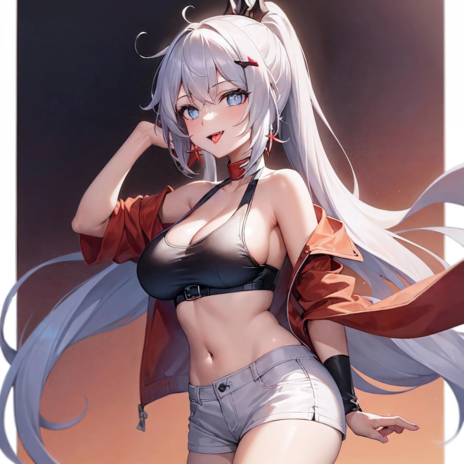 ((1girl)), long hair, ponytail, (tank-top), jacket, open shoulder, cowboy shot, (bikini), (big breast), red background, open mouth, red eyes, flushed, stick out her tongue out at viewer, smile, (sword)