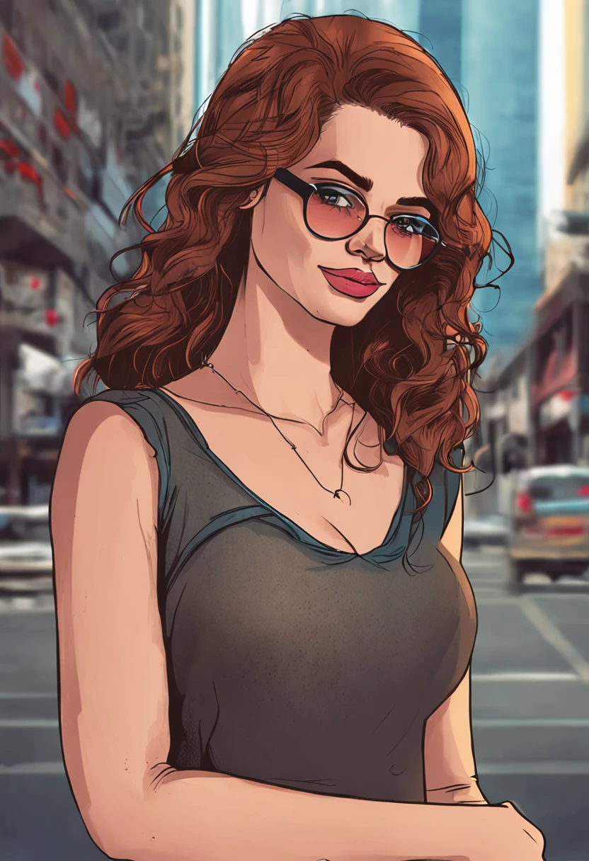 rosto redondo de uma mulher de 30 anos de oculos, cabelo curto na cor loiro escuro, com blusa branca