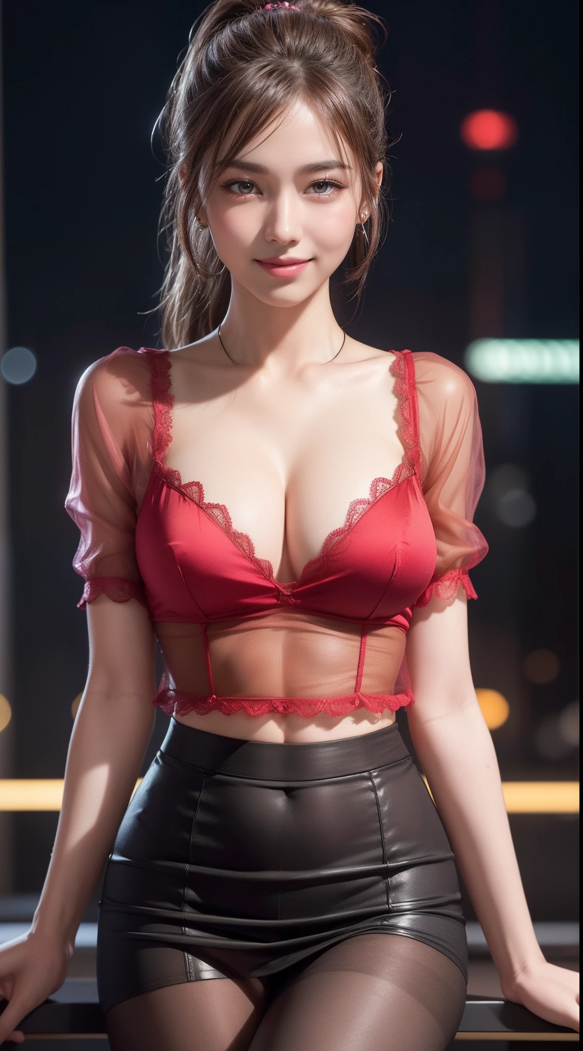 8k, masterpiece, RAW photo, best quality, photorealistic, extremely detailed CG unity 8k wallpaper, Depth of field, Cinematic Light, Lens Flare, Ray tracing, (extremely beautiful face, beautiful lips, beautiful eyes), intricate detail face, ((ultra detailed skin)) 1girl, in the dark, deep shadow, pretty Asian girl, idol, 1 girl, (very slim slender fit-muscled body:1.3), ((looking at viewer)),(big smile:1.3), (tight laced blouse), ((hot pink color blouse)), (short sleeve) , (city night, dark, neon sign), (blurred background), dim lights, cityscape, rooftops, beautiful earrings, bracelets, necklace, pantyhose, clear eyes, (pale skin), (big eyes), face forward, ((upper body shot)), (silk red color skirt ),(brown hairs),((tight fitting laced skirt )), (see through), (looking at viewer:1.3), open breast, (very slim), medium breasts, (see through),((flooming laced)), (camel toe), (see through jacket), ponytail