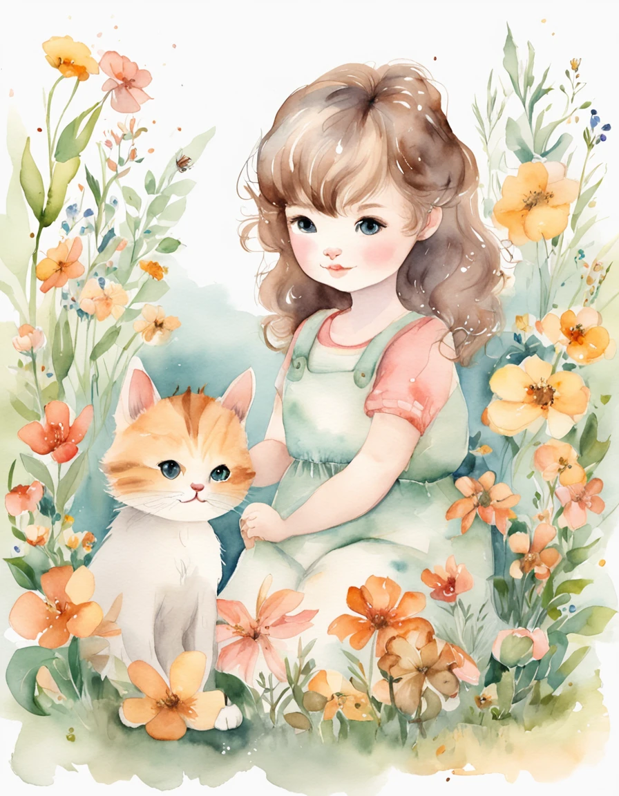 cat, fullbody,1 girl,
(pastel color:1.5),(cute illustration:1.5),(watercolor:1.2),white back ground,