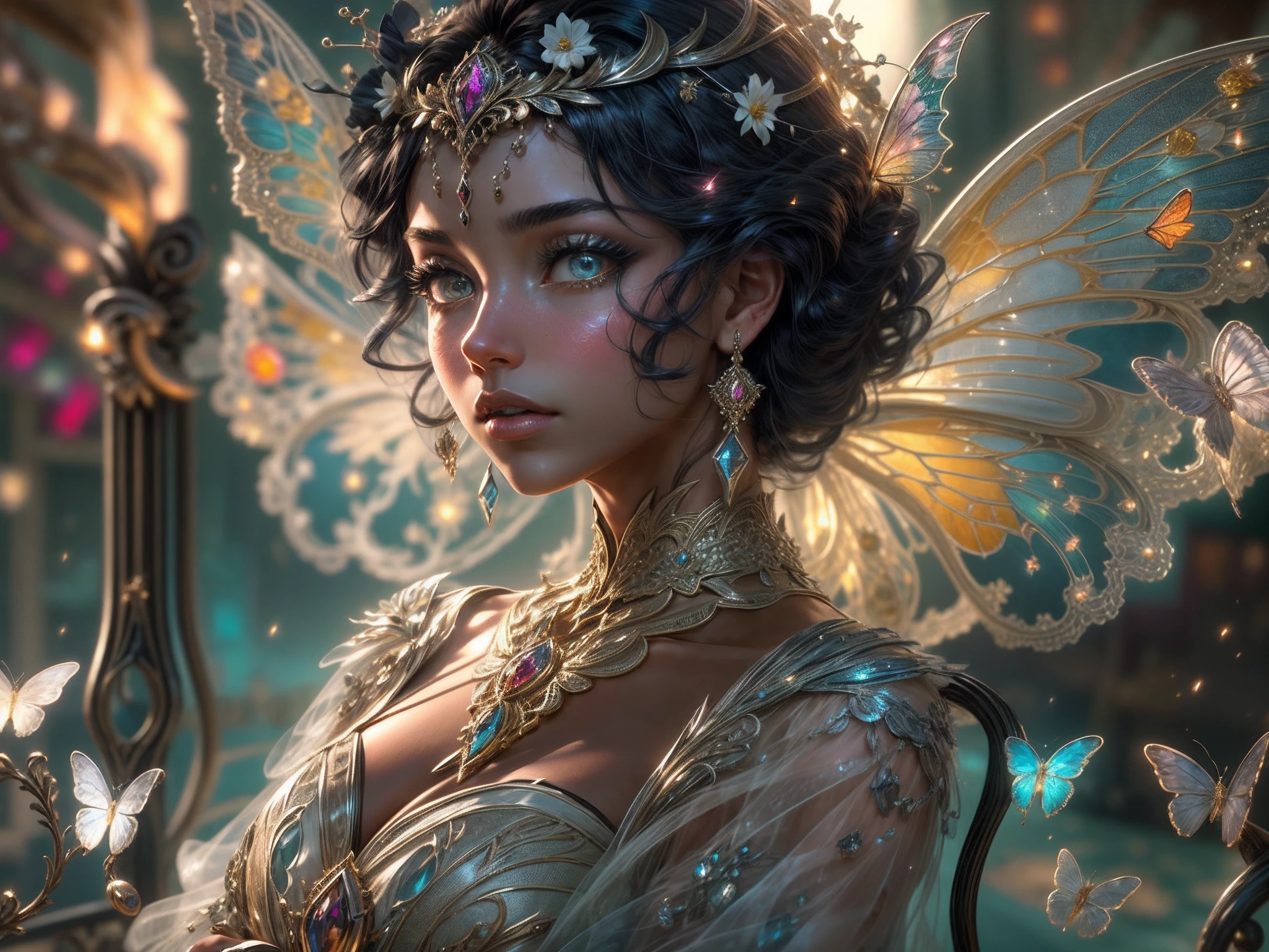 This is a realistic fantasy masterpiece with lots of shimmer, glitter, and intricate ornate detail. Generate one petite woman with a beautiful and delicate crown sitting on a garden swing at night. She is a beautiful and seductive butterfly queen with stunning curly black hair, (((incredibly realistic and detailed dynamic eyes in bright colors with realistic shading))).  Her skin is translucent white, her eyes sparkle, and her dress is elegant. Her dress is spun of the finest gossamer silk with delicate, intricate, and subtle floral detailing and gold silk butterfly sleeves. Her face is lovely and lonely. Include glow-in-the-dark flowers, lots of particles, highly realistic fantasy butteflies with translucent jewel-toned wings and fine detailing, and glow. The artwork is done in the style of Guviz and brings to mind masters in the genre such as trending fantasy works on Artstation and Midjourney. Camera: Utilize dynamic composition techniques to emphasize etherealness and delicate detail.