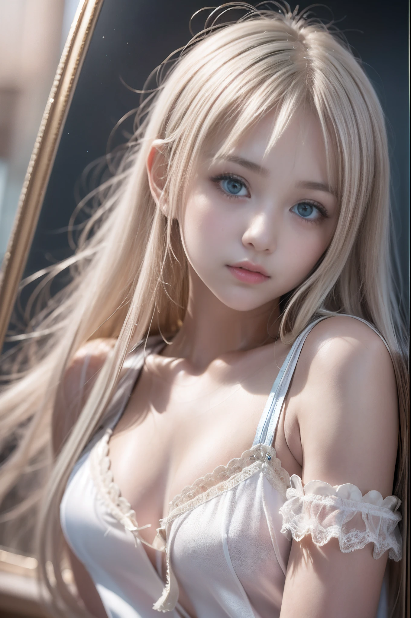 bright expression、poneyTail、Young shiny shiny white shiny skin、Best Looks、Blonde reflected light、(Platinum blonde hair with dazzling highlights)、shiny light hair,、Super long silky straight hair、Beautiful bangs that shine、Glowing crystal clear attractive big blue eyes、Very beautiful nice cute 16 year old girl、Lush bust,Beautiful detailed eyes, beautiful detailed nose,(( Full body:1.5)),Makeup that the eyes emphasize、,(Women like Joan of Arc)，Royal style，Comic style, , Sub-surface scattering, ornate detail, nature backdrop, Hyper-realistic, Cinematic, Dramatic Lighting, masutepiece、fluffy hair、((Lacey Camisole in Silk:1.5))、Ultra-exposed cleavage、