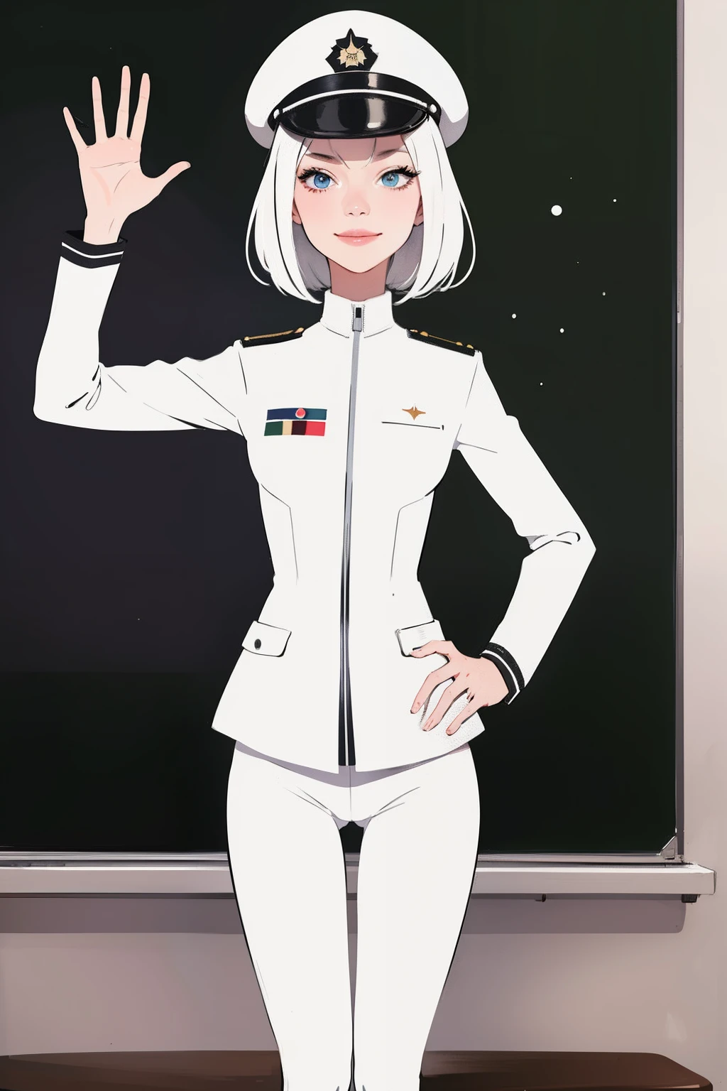 (masterpiece:1.2, best quality), 1girl, young teen, slim, white military outfit, white tight suit, military hat, space cadet, smile, standing by blackboard in classroom, spaceship, sci-fi, futuristic, anime minimalist, watercolor