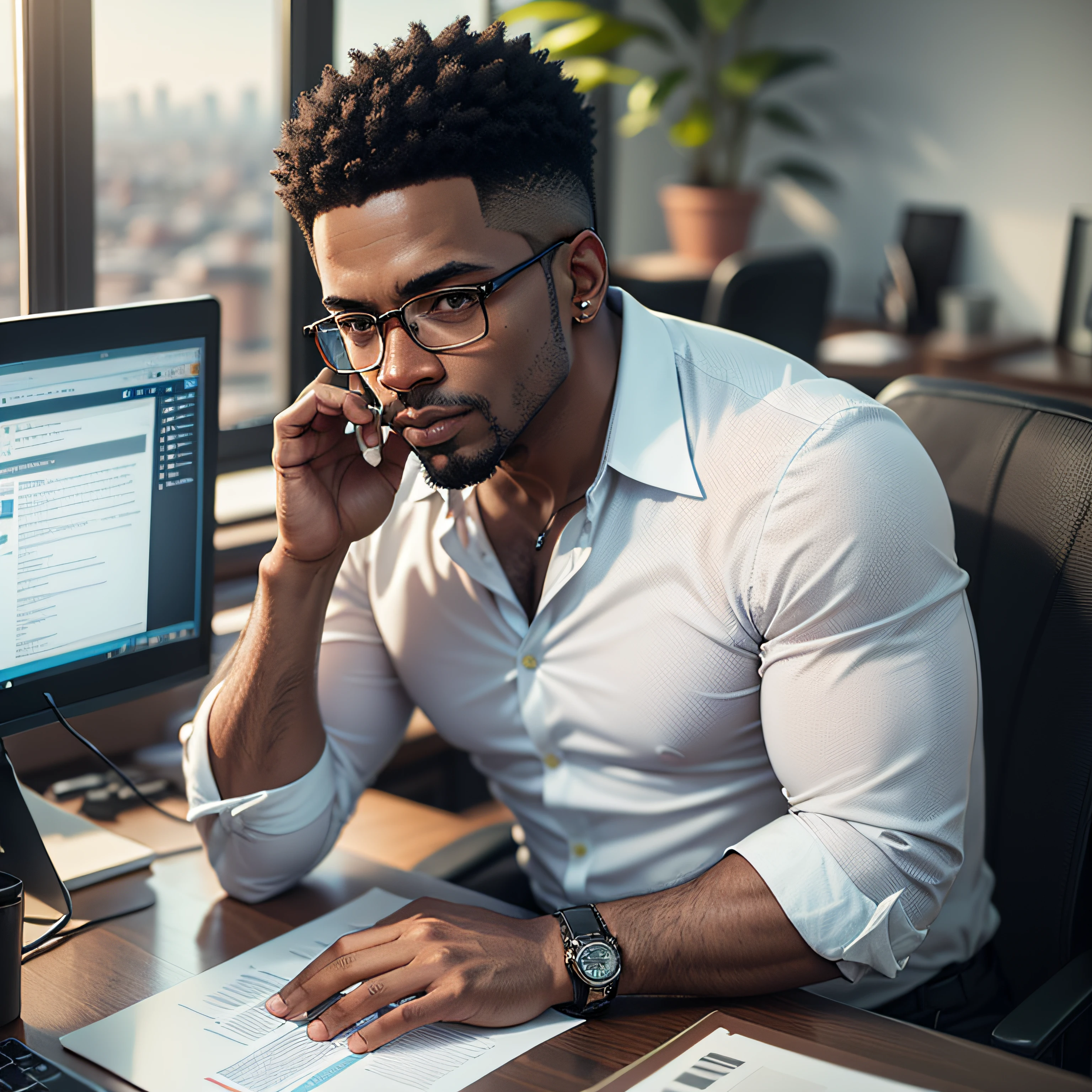 photo realistic:16:9, HD, 16K, the Black man, businessman, sitting in front of a computer, analyzing a job applicants website. The computer screen must be visible to the eyes of those watching the scene. This businessman appears to be successful because he is in a beautiful office with views out the window to the city, {best quality}, {ultra-detailed}, Photorealistic, {ultra-detailed}