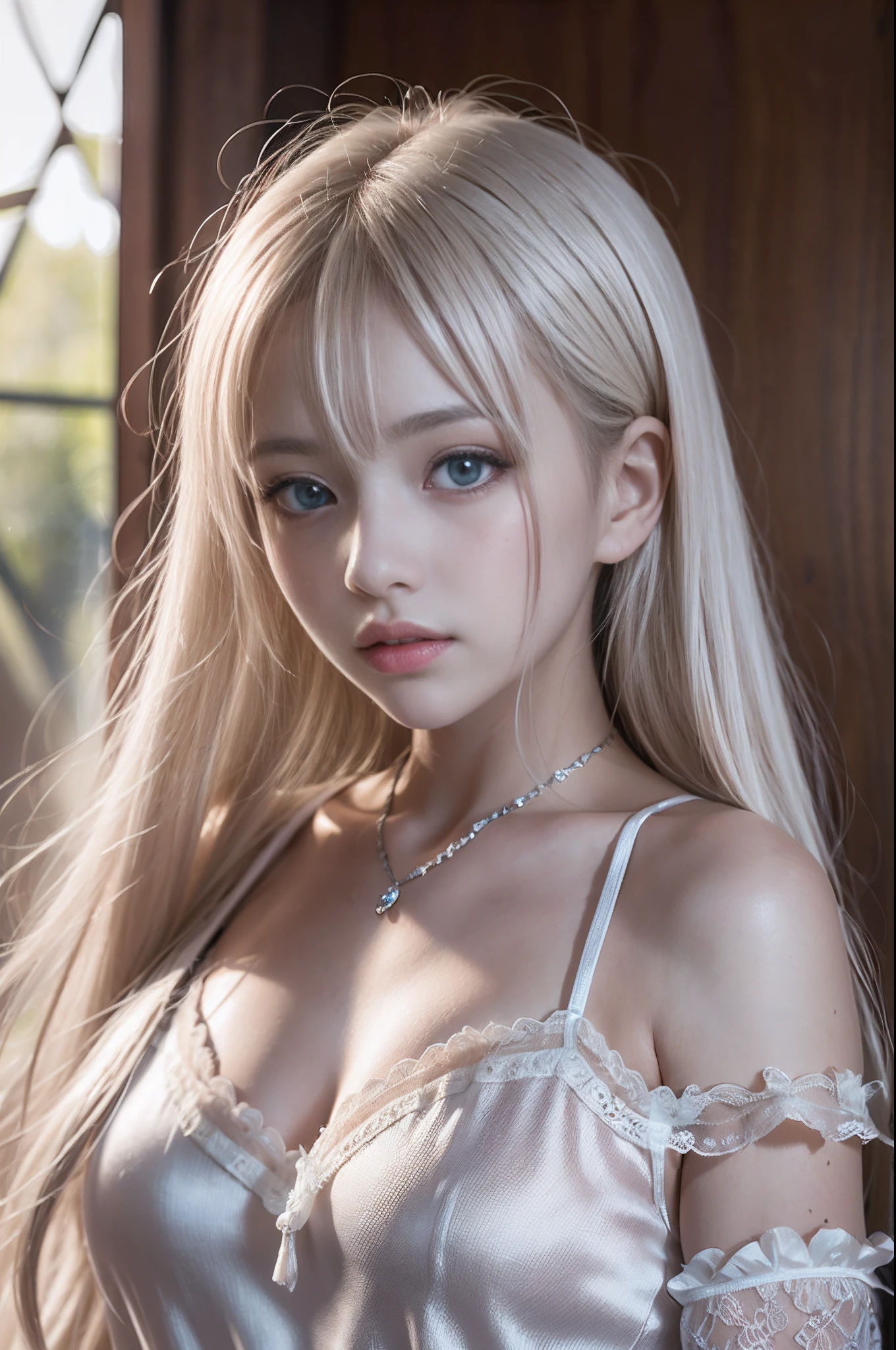 bright expression、poneyTail、Young shiny shiny white shiny skin、Best Looks、Blonde reflected light、(Platinum blonde hair with dazzling highlights)、shiny light hair,、Super long silky straight hair、Beautiful bangs that shine、Glowing crystal clear attractive big blue eyes、Very beautiful nice cute girl、Lush bust,Beautiful detailed eyes, beautiful detailed nose,(( Full body:1.5)),Makeup that the eyes emphasize、,(Women like Joan of Arc),Royal style,Comic style, , Sub-surface scattering, ornate detail, nature backdrop, Hyper-realistic, Cinematic, Dramatic Lighting, masutepiece、fluffy hair、((Lacey Camisole in Silk:1.5))、Ultra-exposed cleavage、