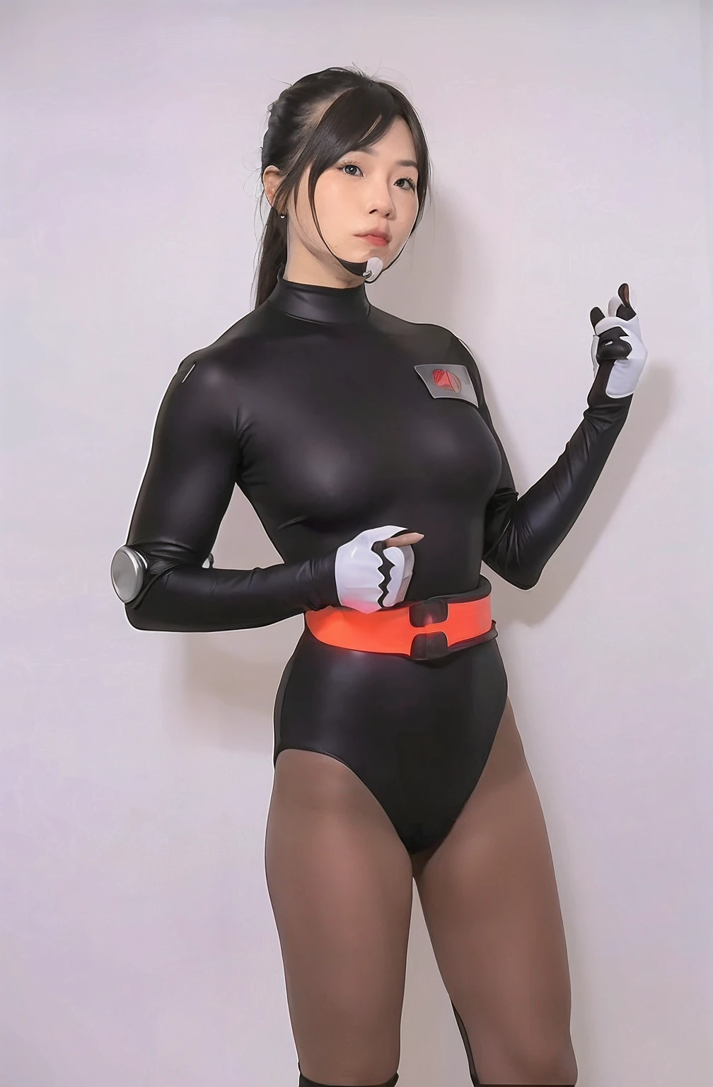 Woman in black and red costume holds gun, full-cosplay, japanese cyborg, Female protagonist 👀 :8, professional cosplay, wearing tight suit, Yayoi Kasuma, cybersuit, Akira Toriyama 📹, in spandex suit, Cosplay, wearing atsuko kudo latex outfit, asuka suit under clothes!, as an overwatch character、Western Women、8k,skintight