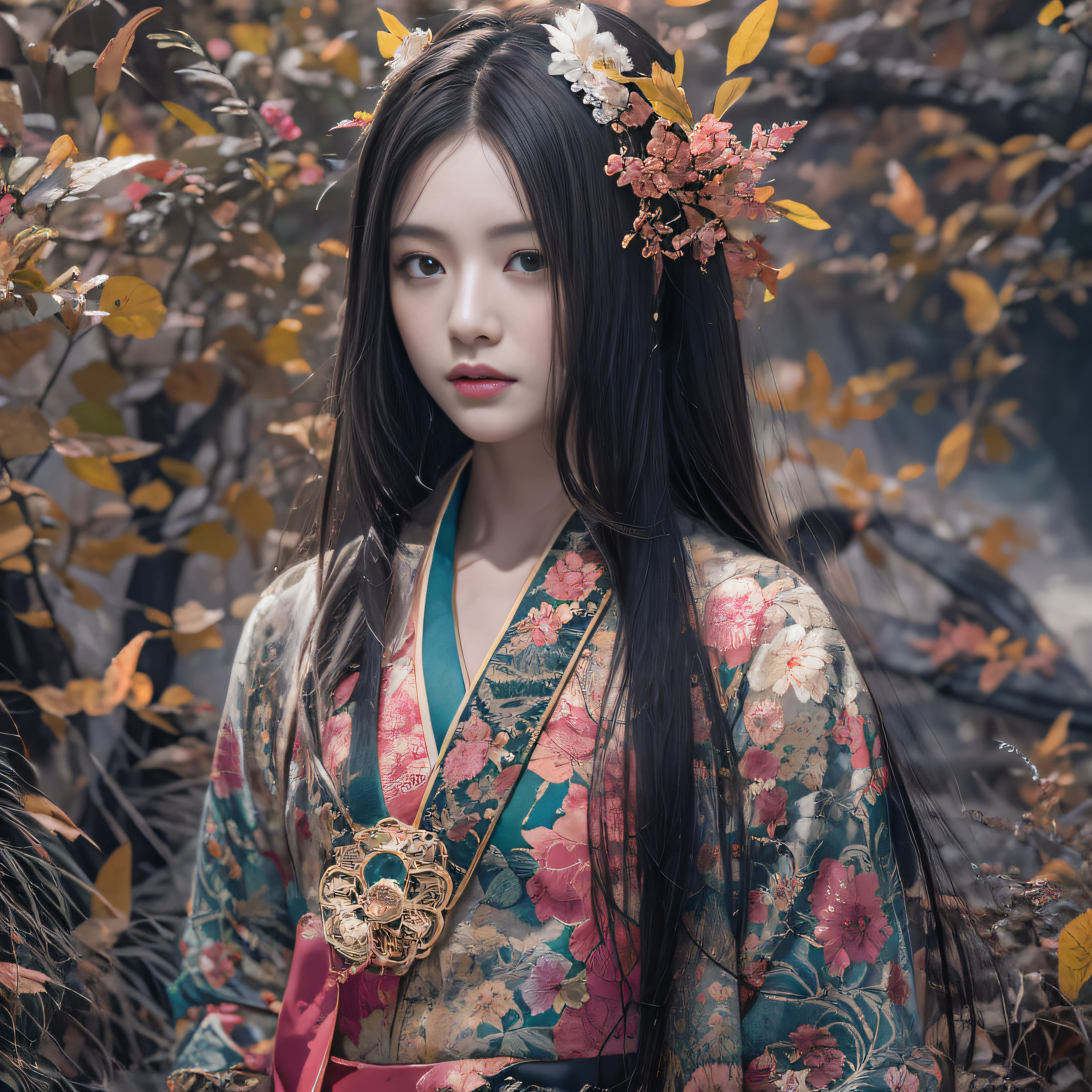 32K(tmasterpiece,k hd,hyper HD,32K)Long flowing black hair,ponds,zydink, a color, Korean people (Silly girl), (Silk scarf), Combat posture, looking at the ground, long whitr hair, Floating hair, Carp pattern headdress, Chinese long-sleeved clothing, (abstract ink splash:1.2), Pink petal background,Pink and white lotus flowers fly(realisticlying:1.4),Black color hair,Fallen leaves flutter,The background is pure, A high resolution, the detail, RAW photogr, Sharp Re, Nikon D850 Film Stock Photo by Jefferies Lee 4 Kodak Portra 400 Camera F1.6 shots, Rich colors, ultra-realistic vivid textures, Dramatic lighting, Unreal Engine Art Station Trend, cinestir 800,Long flowing black hair