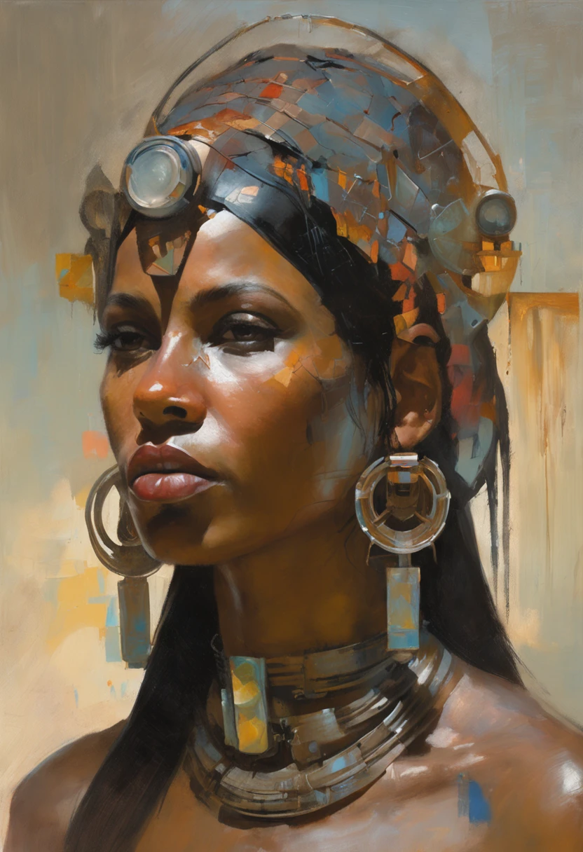 futuristic indigenous futurism,teen girl as An advanced cybernetic cyborg indian Hindu goddesses of war, sensuality,artistic details,cyberpunk hindu mythology,epic sci-fi fantasy, centered,in the style of Nick Alm fantastical futuristic fantasy compositions, dark prism, dark, metallic compositions, symmetrical arrangements, iridescent metallic colors , distinctive noses, ethereal,blood splatter colorful, eye-catching metallic compositions, symmetrical geometry, distinctive noses, gothic references, with a bold lines and streaks of black,white,red, gold and silver, fantasy sci-fi art, a detailed painting, ,Alex Alemany merge Karol Bak