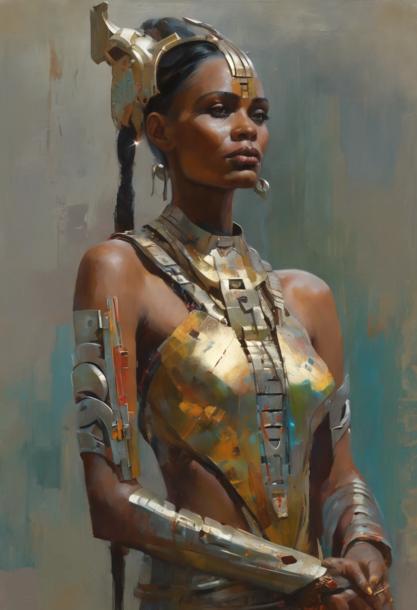 futuristic indigenous futurism,teen girl as An advanced cybernetic cyborg indian Hindu goddesses of war, sensuality,artistic details,cyberpunk hindu mythology,epic sci-fi fantasy, centered,in the style of Nick Alm fantastical futuristic fantasy compositions, dark prism, dark, metallic compositions, symmetrical arrangements, iridescent metallic colors , distinctive noses, ethereal,blood splatter colorful, eye-catching metallic compositions, symmetrical geometry, distinctive noses, gothic references, with a bold lines and streaks of black,white,red, gold and silver, fantasy sci-fi art, a detailed painting, ,Alex Alemany merge Karol Bak