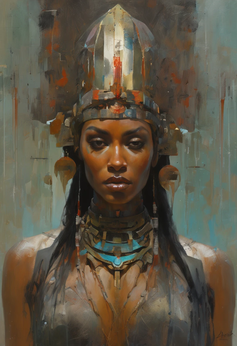 futuristic indigenous futurism,teen girl as An advanced cybernetic cyborg indian Hindu goddesses of war, sensuality,artistic details,cyberpunk hindu mythology,epic sci-fi fantasy, centered,in the style of Nick Alm fantastical futuristic fantasy compositions, dark prism, dark, metallic compositions, symmetrical arrangements, iridescent metallic colors , distinctive noses, ethereal,blood splatter colorful, eye-catching metallic compositions, symmetrical geometry, distinctive noses, gothic references, with a bold lines and streaks of black,white,red, gold and silver, fantasy sci-fi art, a detailed painting, ,Alex Alemany merge Karol Bak