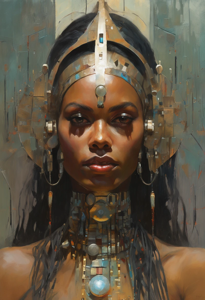 futuristic indigenous futurism,teen girl as An advanced cybernetic cyborg indian Hindu goddesses of war, sensuality,artistic details,cyberpunk hindu mythology,epic sci-fi fantasy, centered,in the style of Nick Alm fantastical futuristic fantasy compositions, dark prism, dark, metallic compositions, symmetrical arrangements, iridescent metallic colors , distinctive noses, ethereal,blood splatter colorful, eye-catching metallic compositions, symmetrical geometry, distinctive noses, gothic references, with a bold lines and streaks of black,white,red, gold and silver, fantasy sci-fi art, a detailed painting, ,Alex Alemany merge Karol Bak