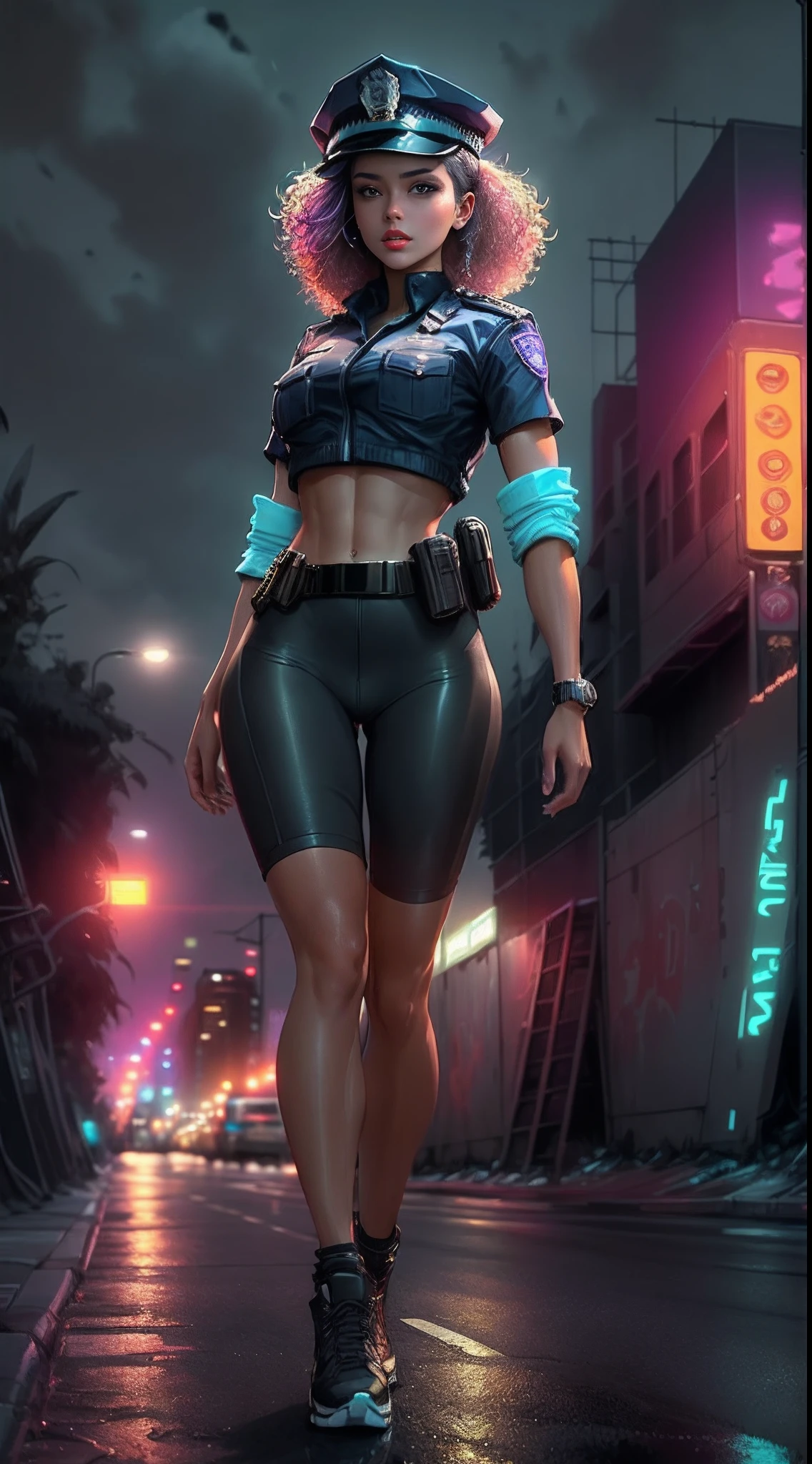 Beautiful woman 1female with curly hair style in a police cap, Short police clothes in the style of cyberpunk police, Tanned:2 Skin, It looks contrasting, good anatomy, Muscles are drawn, flying in futurasric bike,The evening sky is overcast, in the background ((nighttime)) Colorful Neon City, wet asphalt