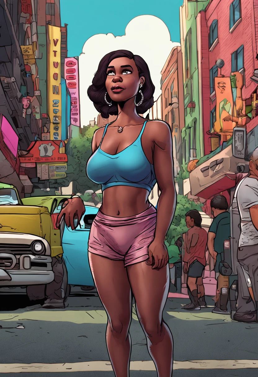 Family guy art style, photorealistic, ultra-realistic,3D, artstation, cgsociety, 8k, award-winning photography of a beautiful woman posing sexy, standing spreading her legs wide open, big butt, thin waist, thick thighs,) with a big Gorilla man standing behind her, (multi-color hair:1.2), cheekbones, detailed face, Dark skin tone, African, curvy, (no clothing on:1.5), double eyelid, (Gigantic breast:1.5)