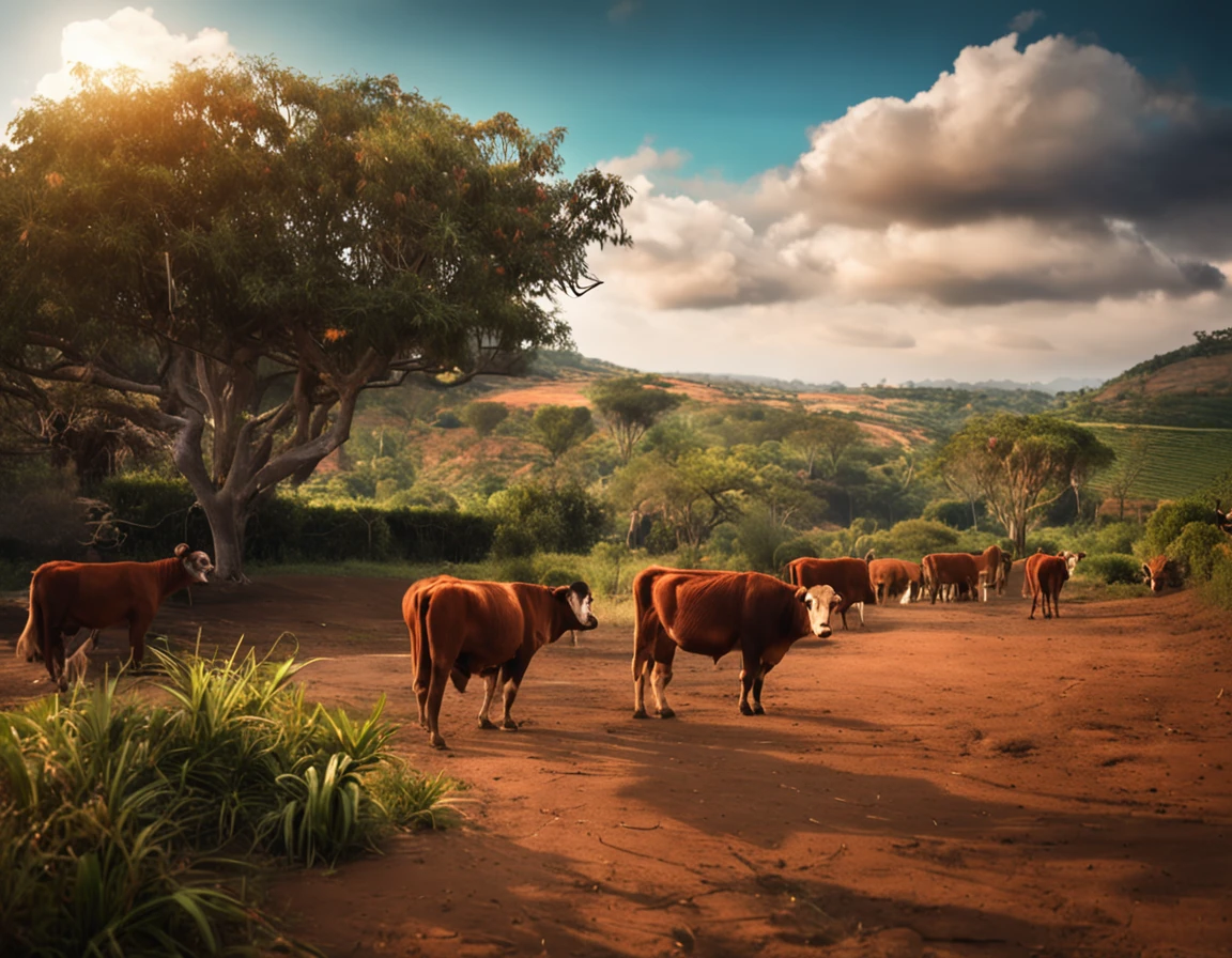 There are many cows walking down a dirt road in the country - SeaArt AI