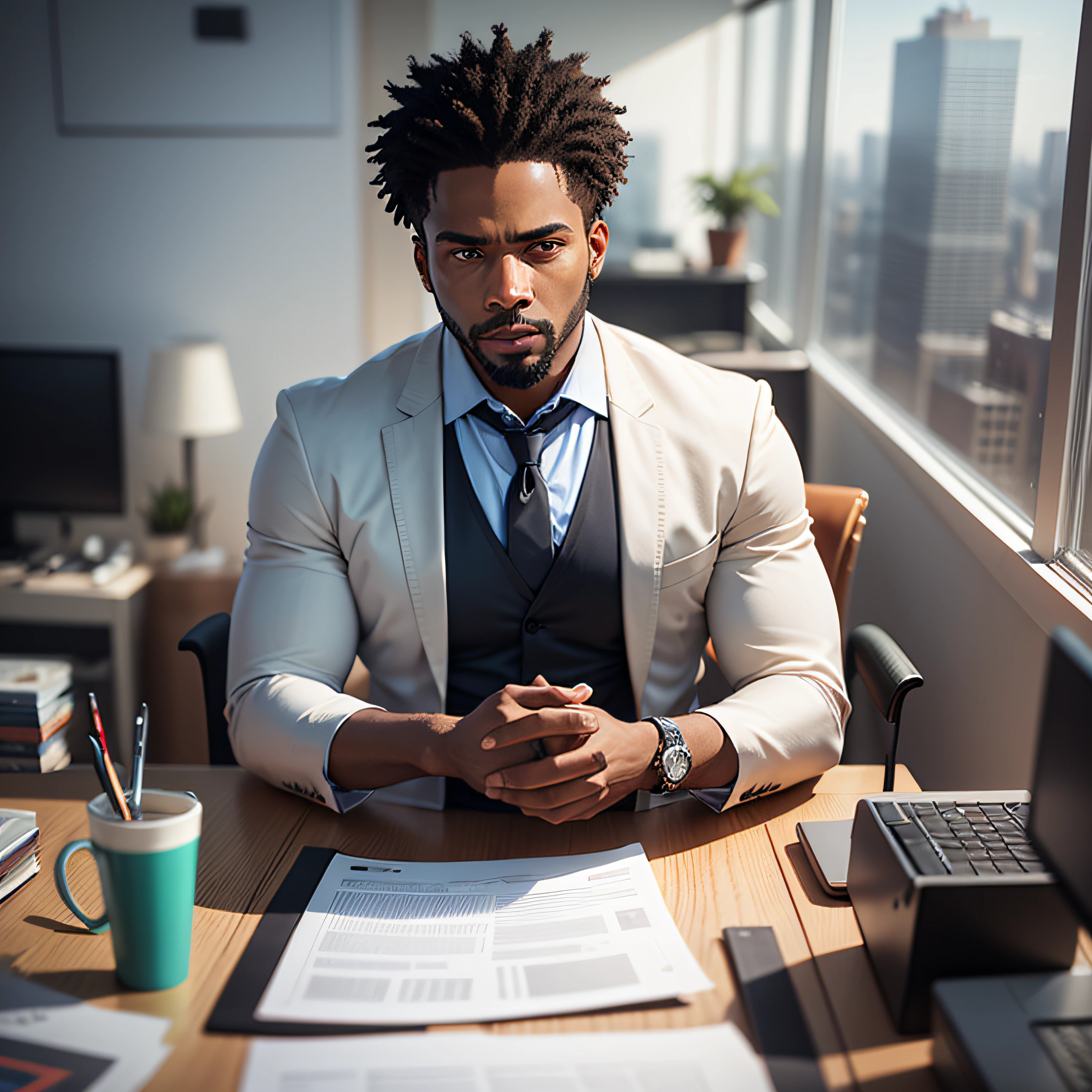 photo realistic:16:9, HD, 16K, the Black man, businessman, sitting in front of a computer, analyzing a job applicants website. The computer screen must be visible to the eyes of those watching the scene. This businessman appears to be successful because he is in a beautiful office with views out the window to the city, {best quality}, {ultra-detailed}, Photorealistic, {ultra-detailed}