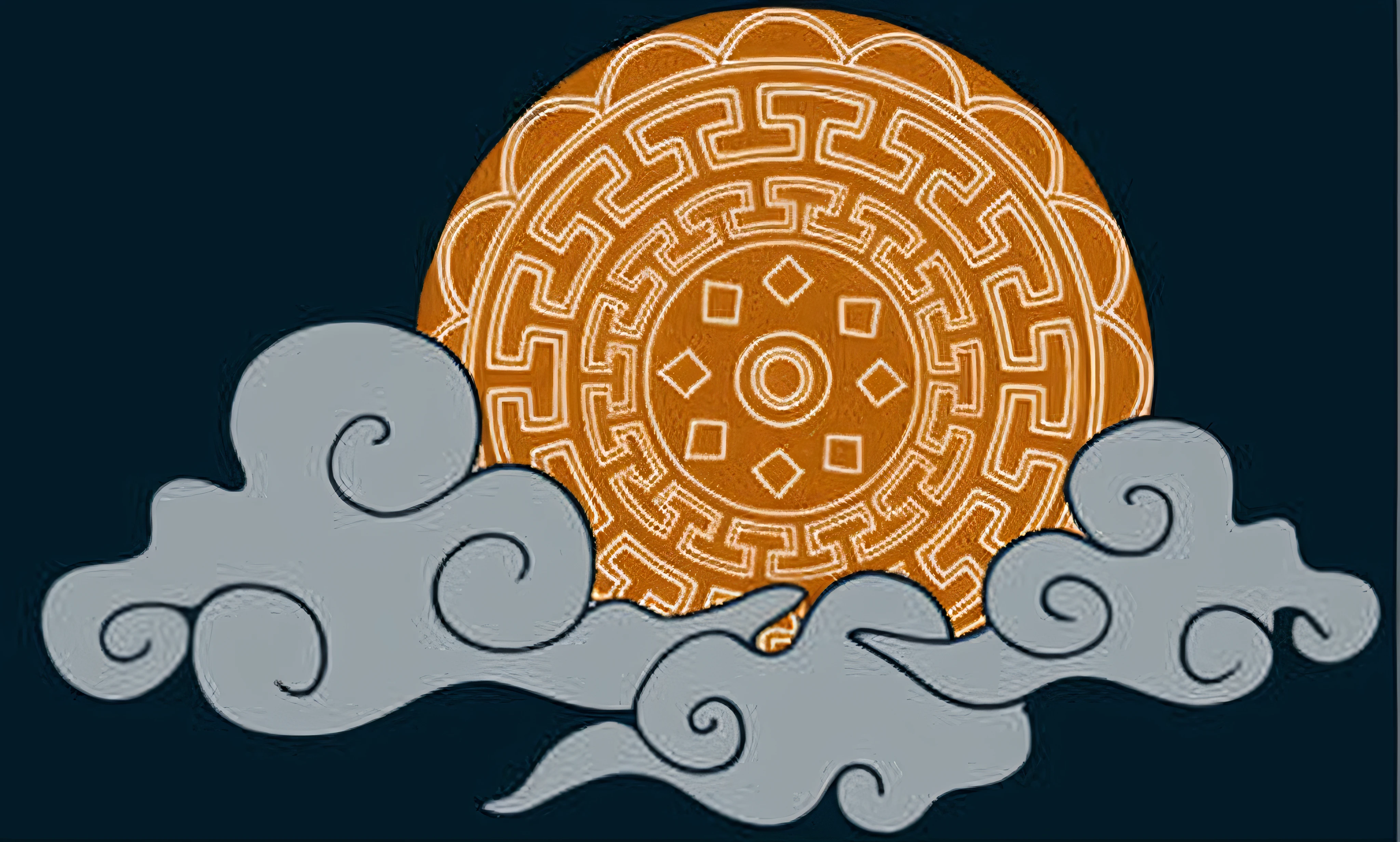 a close up of a circular object with clouds in the background, inspired by Shūbun Tenshō, ancient symbol behind it, selk ´ nam god of the sun, inspired by Sesshū Tōyō, asian sun, ceremonial clouds, chinese, asura from chinese myth, shipibo, a beautiful buddhist mandala