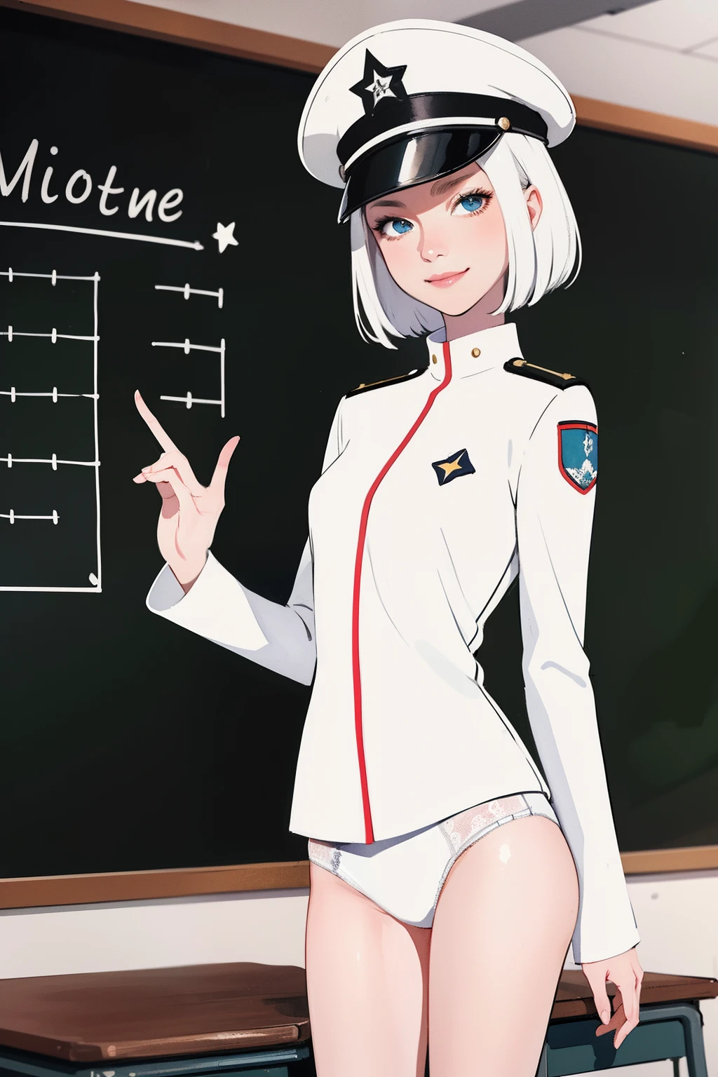 (masterpiece:1.2, best quality), 1girl, , slim, white military outfit, white panties, military hat, space cadet, smile, standing by blackboard in classroom, spaceship, sci-fi, futuristic, anime minimalist, watercolor