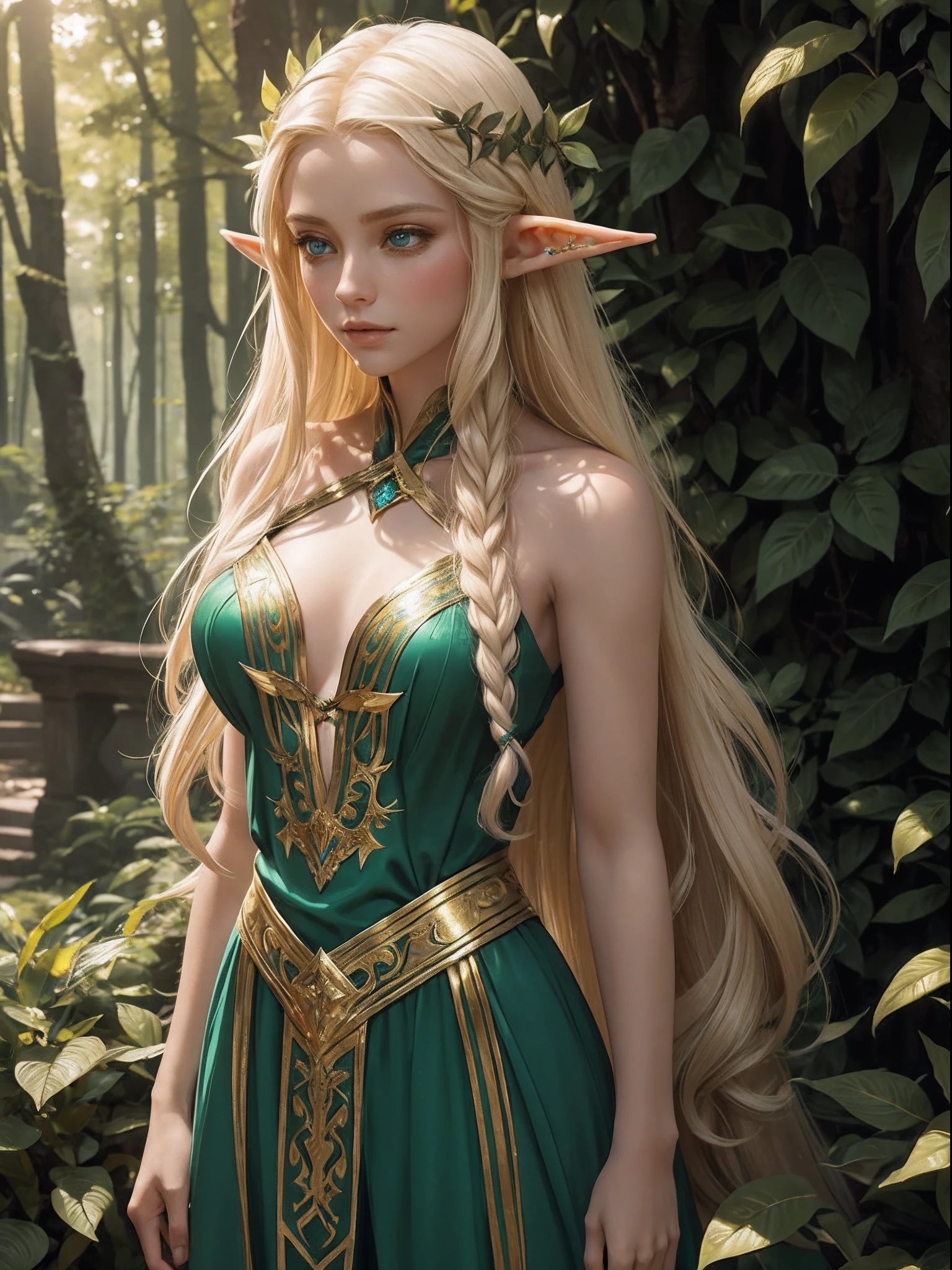 "Close-up Elf with a captivating gaze, ethereal beauty, flowing golden hair, pointed ears, adorned in intricate elven attire, surrounded by mystical forest, soft sunlight filtering through lush greenery."