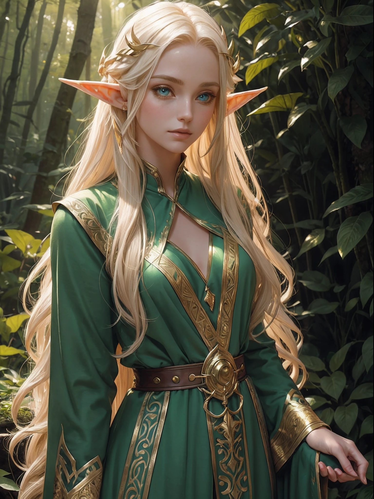 filigree,realisticlying,1boy ,独奏,Long blonde hair,Green eyes,elf prince,Delicate facial features,