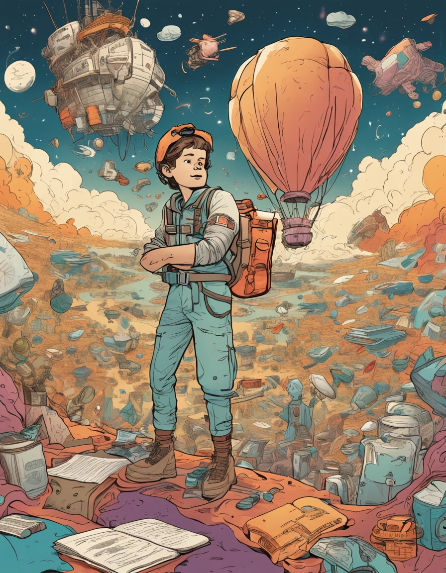 A ager dressed in an explorer's costume flies through the sky,Surrounded by laptops and various ingredients,These long faces are like floating milky ways,Various ingredients surround it。The teen holds the map,An illustration that is about to solve various puzzles related to noodle dishes。