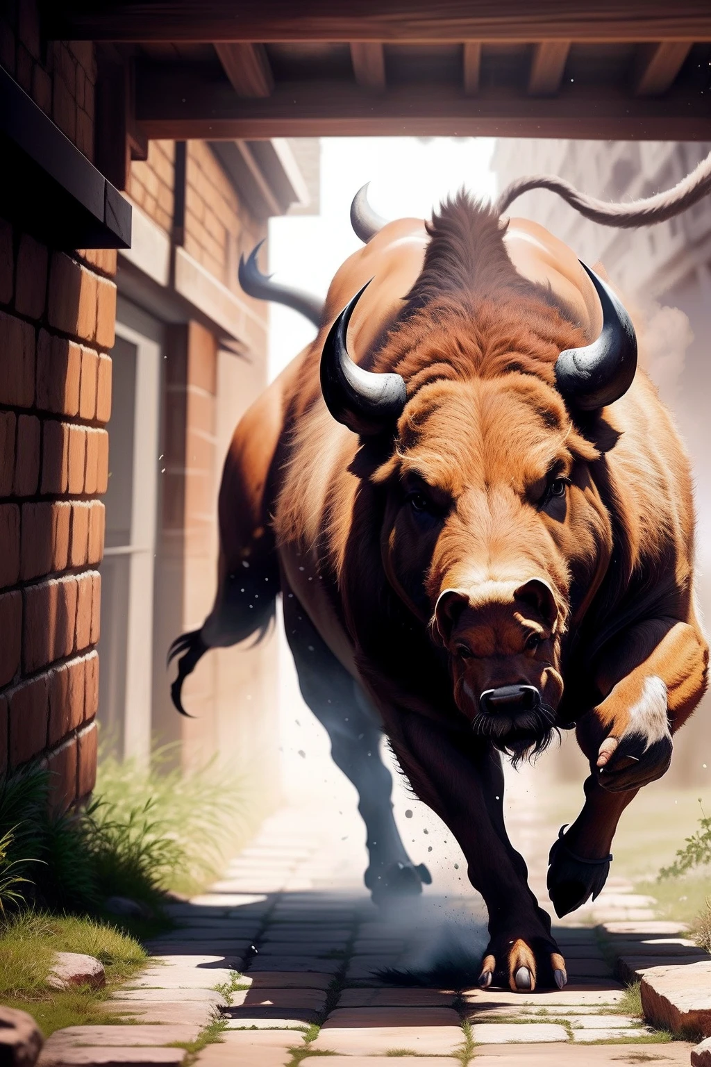 Create a picture of the hero Hercules fighting boar a raging bull. Use an ancient setting like Jerusalem