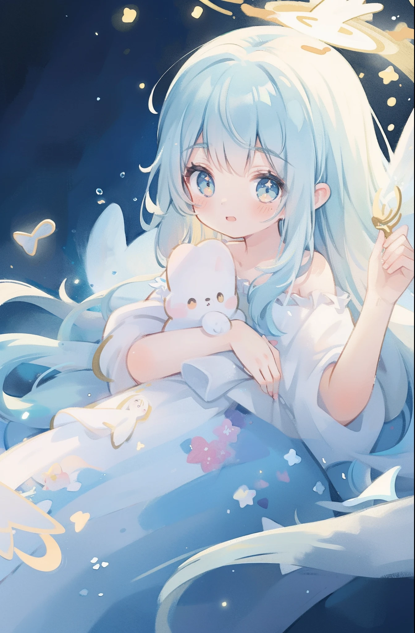 masterpiece, best quality, sharp focus, 8k, intricately detailed environment, anime, watercolor illustration, colorful, bright colors, whimsical, glowing lights, liquid otherworldly, fairy lights, beautiful girl in flowing liquid glowing dress, perfect face, golden ratio, sparkling eyes, watercolor, liquid light, angel wings