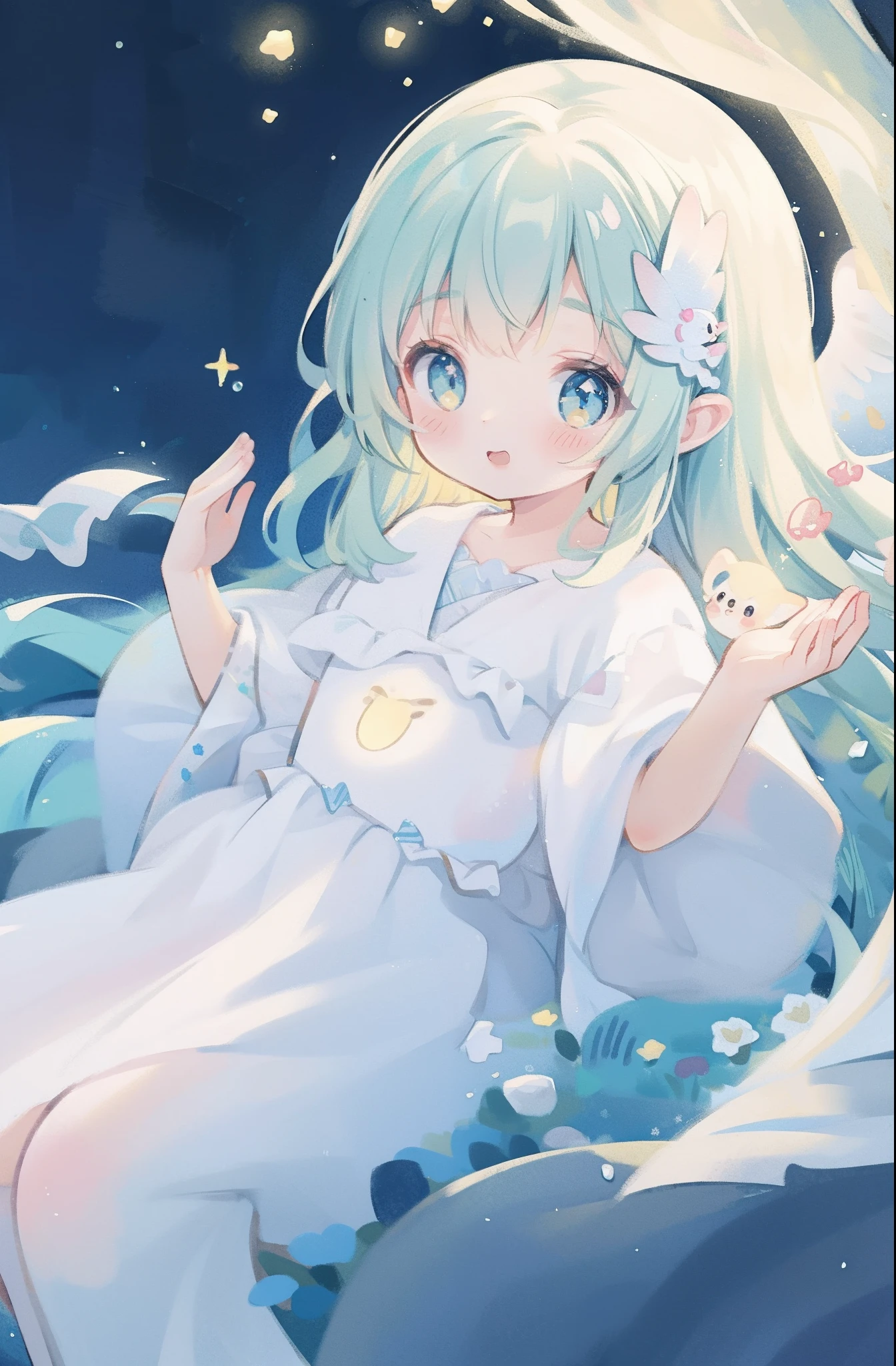 masterpiece, best quality, sharp focus, 8k, intricately detailed environment, anime, watercolor illustration, colorful, bright colors, whimsical, glowing lights, liquid otherworldly, fairy lights, beautiful girl in flowing liquid glowing dress, perfect face, golden ratio, sparkling eyes, watercolor, liquid light, angel wings